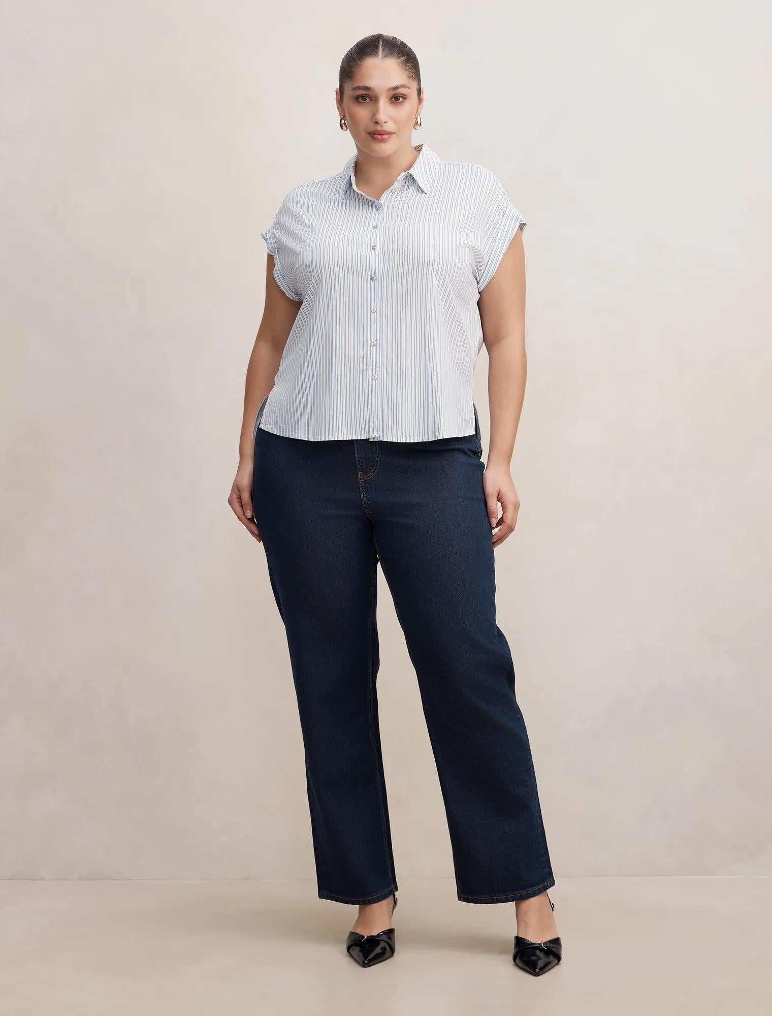 Tia Curve Collar Button Shirt Harbour Stripe