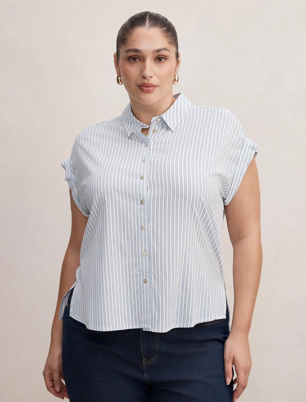Tia Curve Collar Button Shirt Harbour Stripe