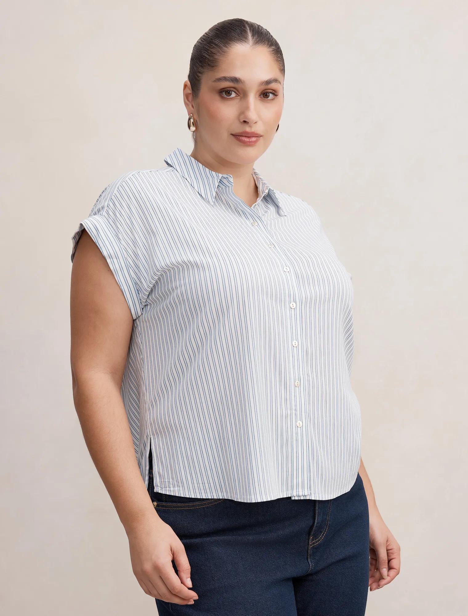 Tia Curve Collar Button Shirt Harbour Stripe