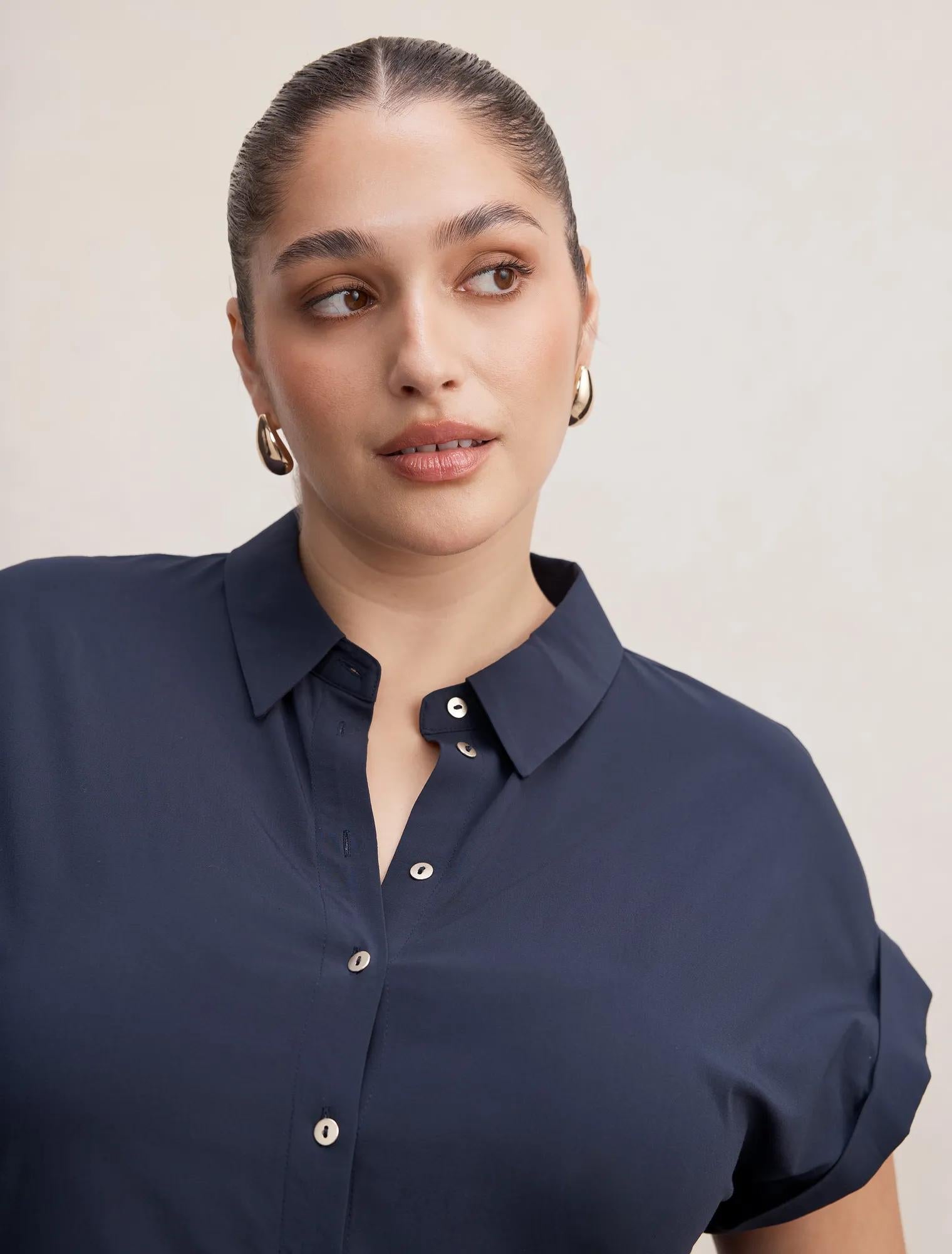 Tia Curve Collar Button Shirt Navy