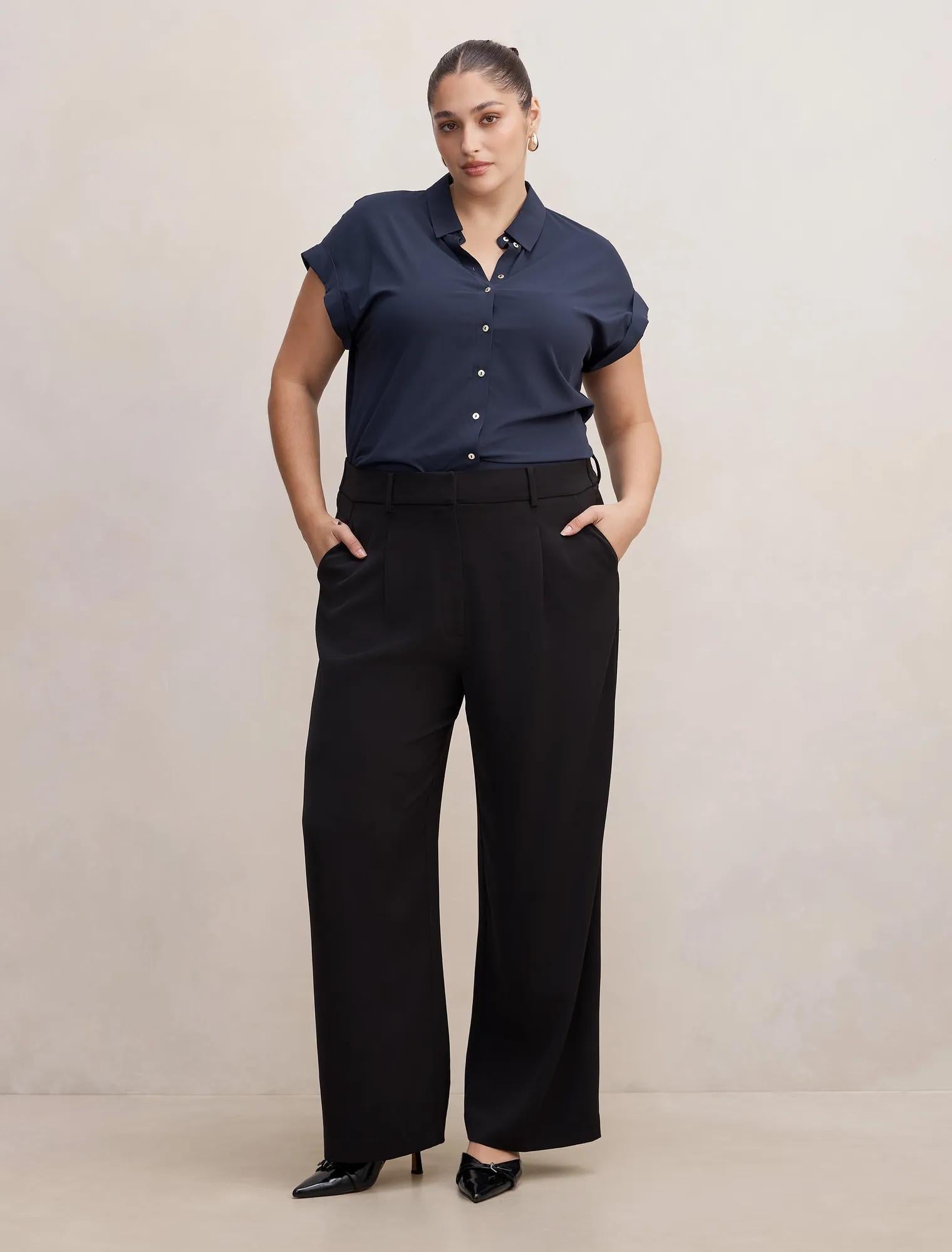 Tia Curve Collar Button Shirt Navy