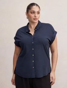 Tia Curve Collar Button Shirt Navy