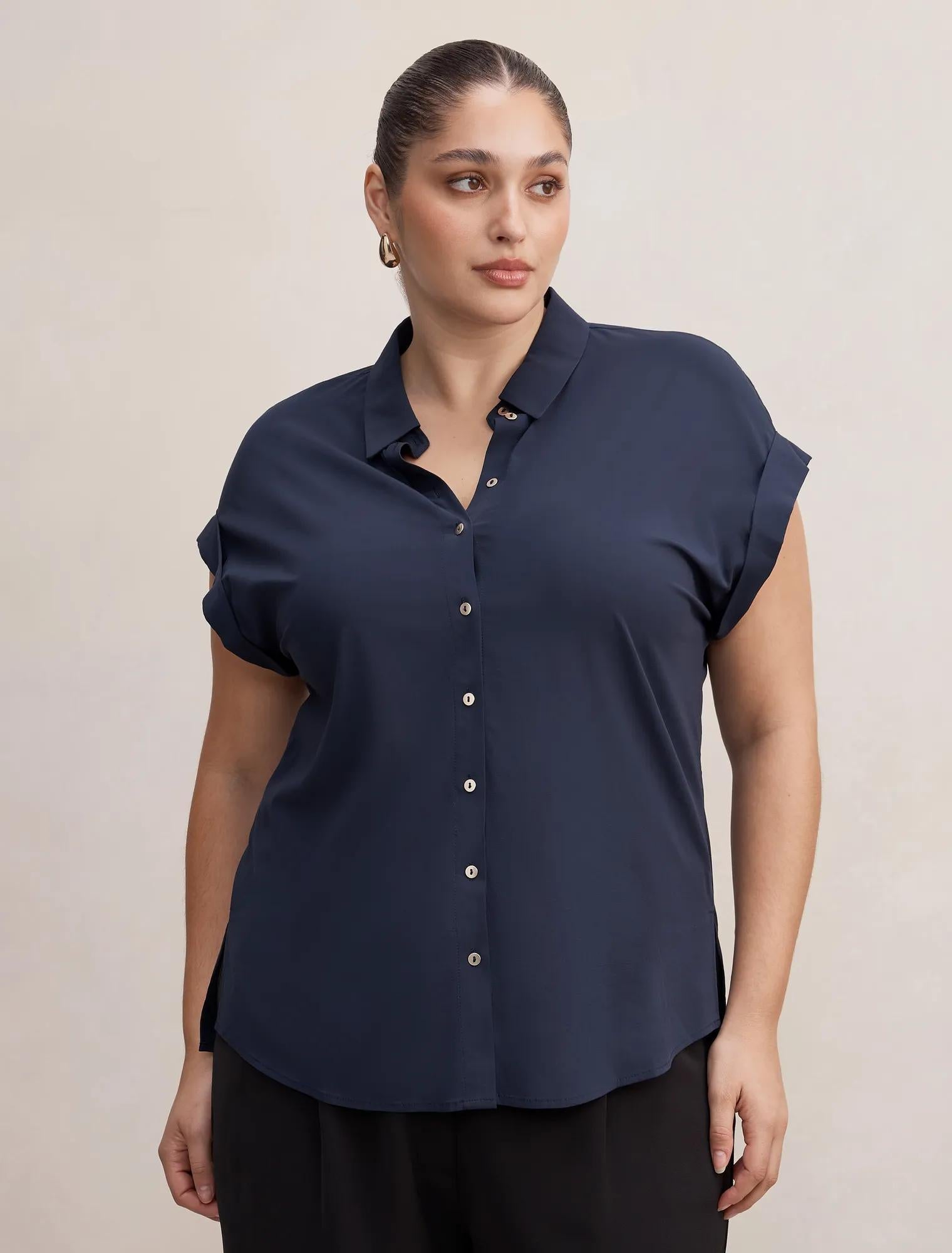 Tia Curve Collar Button Shirt Navy