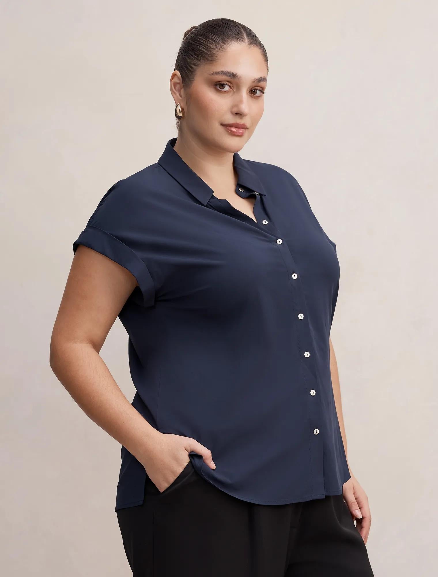 Tia Curve Collar Button Shirt Navy