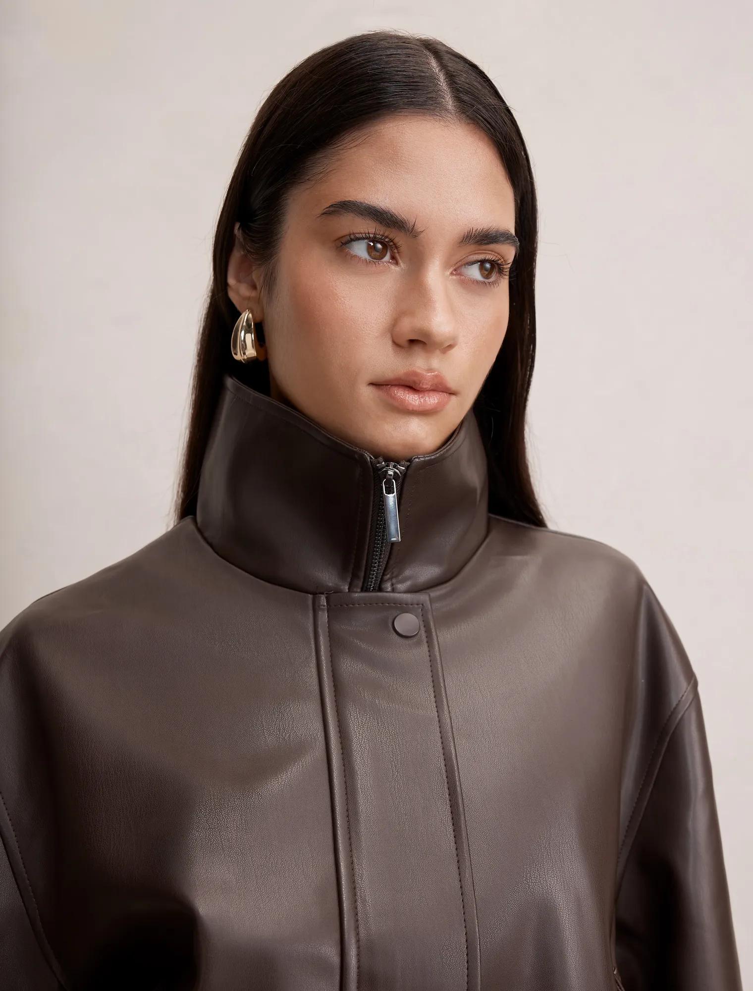 Lynsey Funnel Neck Faux Leather Jacket Chocolate