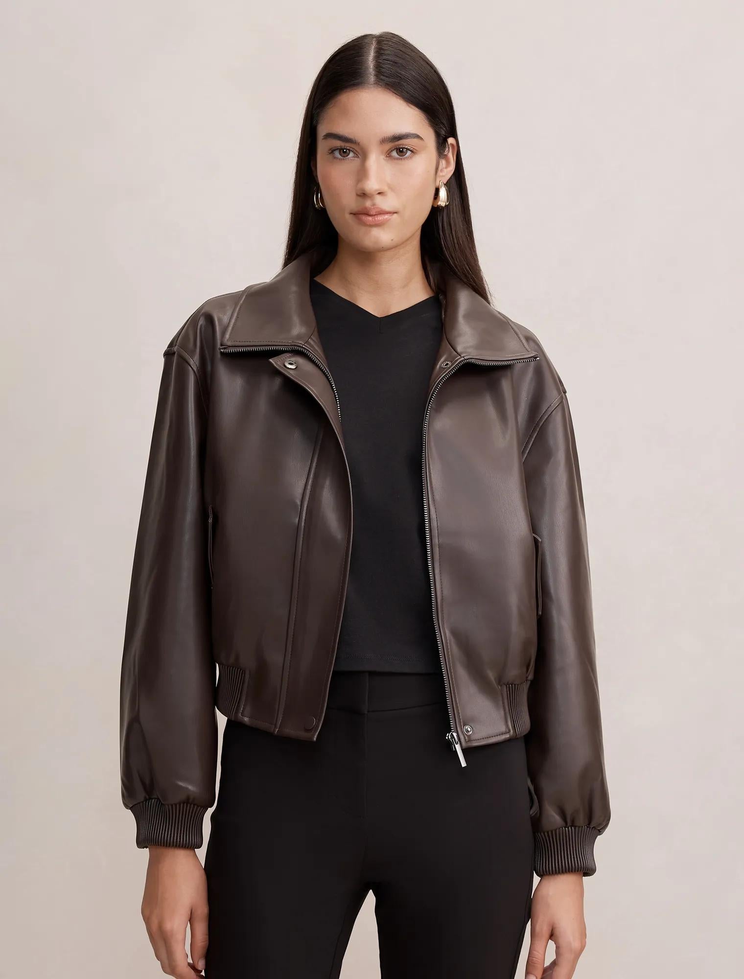 Lynsey Funnel Neck Faux Leather Jacket Chocolate