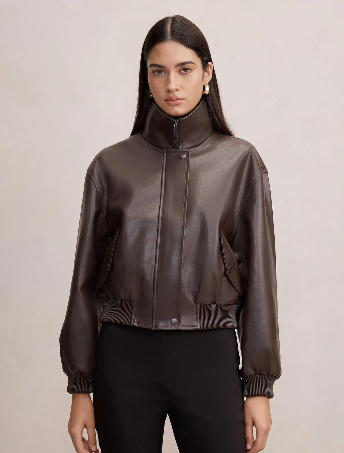 Lynsey Funnel Neck Faux Leather Jacket Chocolate