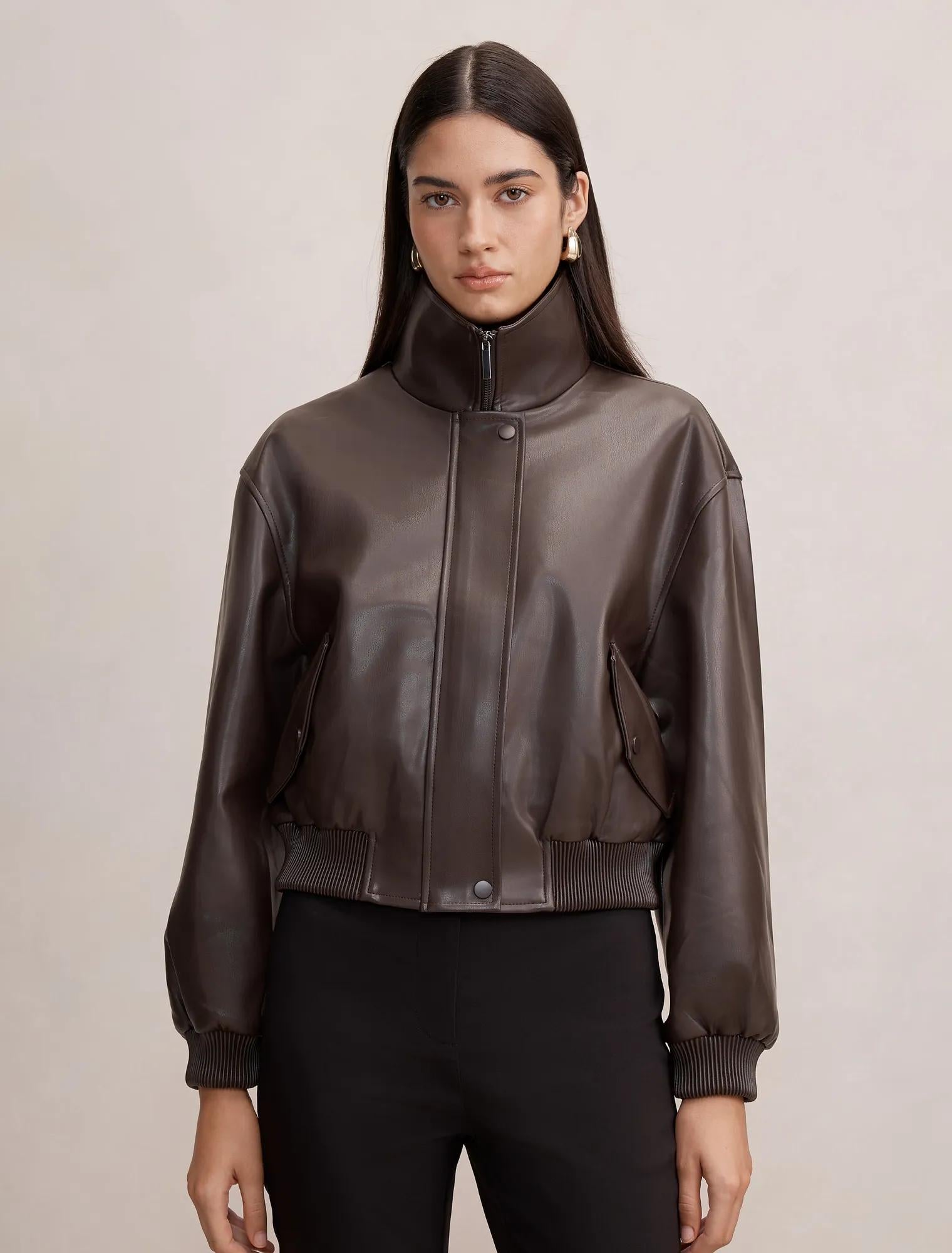 Lynsey Funnel Neck Faux Leather Jacket Chocolate