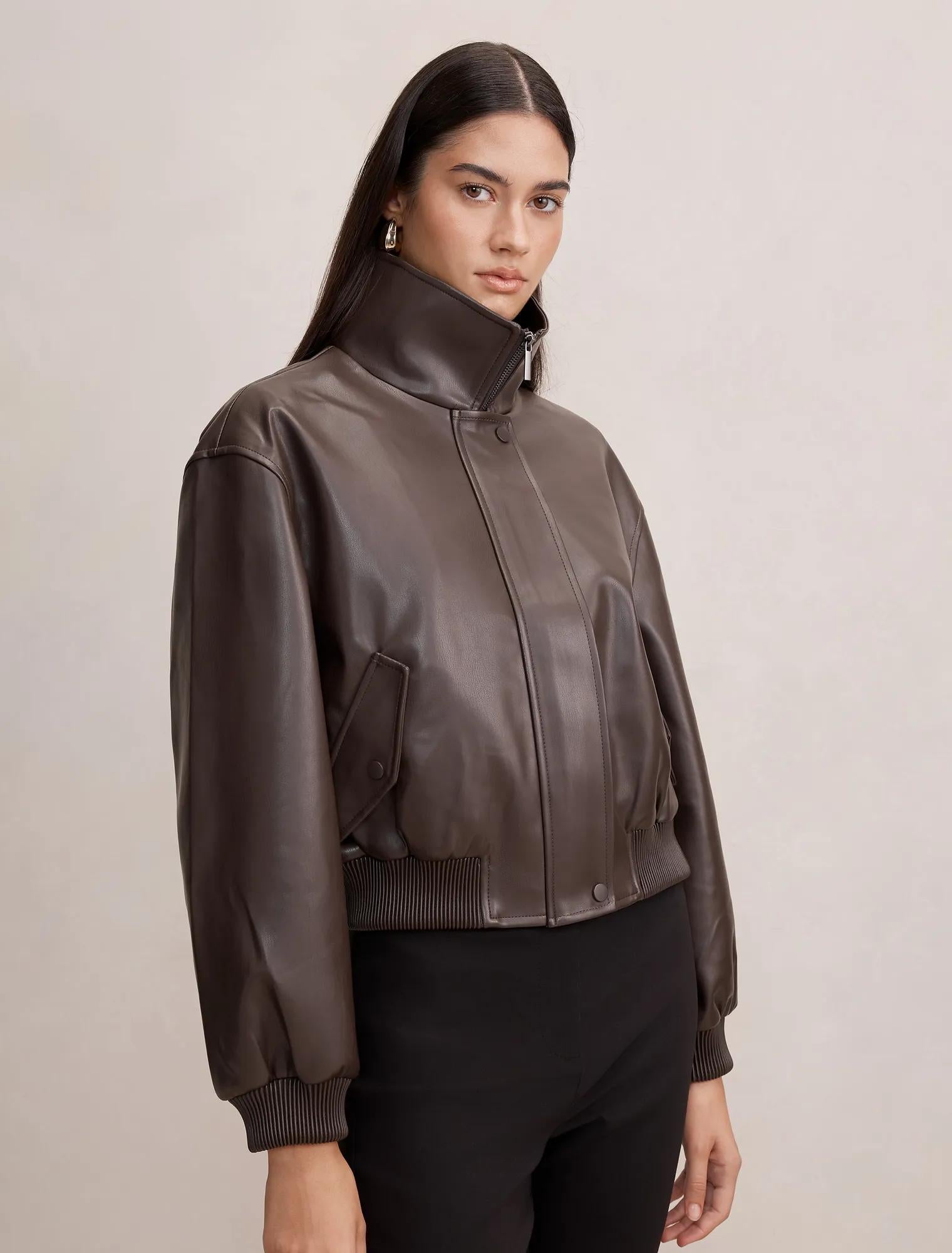 Lynsey Funnel Neck Faux Leather Jacket Chocolate