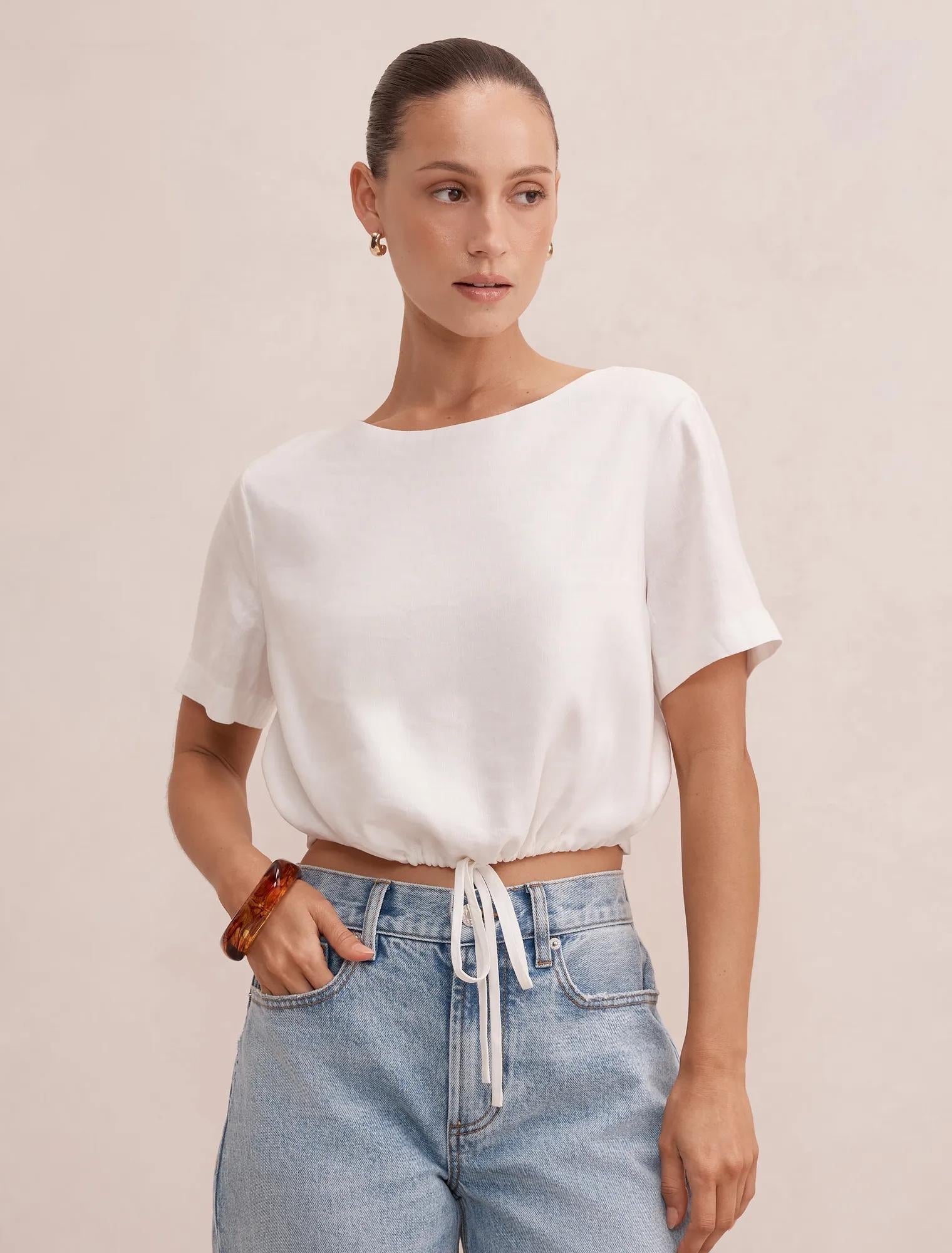 Rosie Petite Bubble Linen Top Porcelain