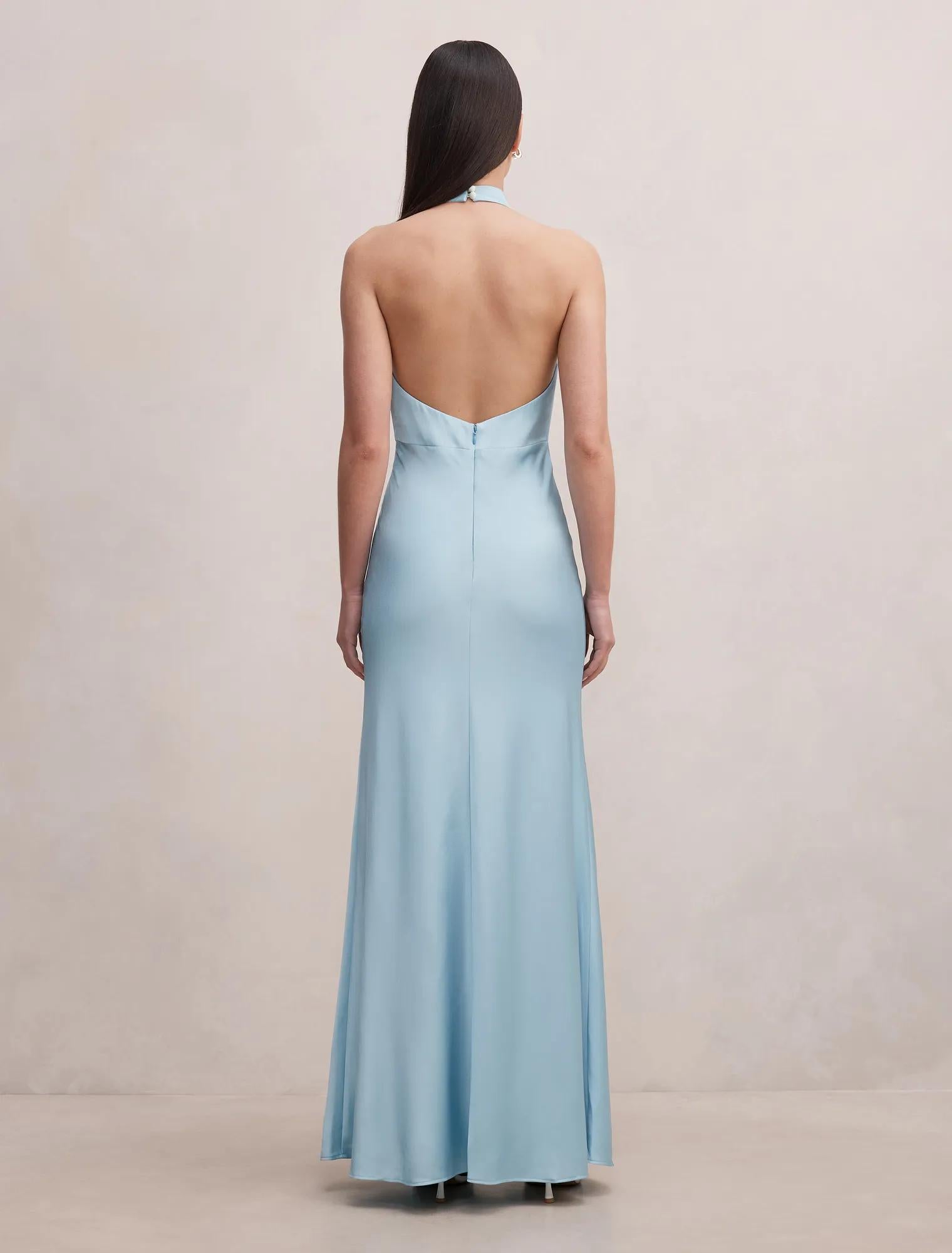 Becca Cowl Halter Satin Gown Seafoam Aqua