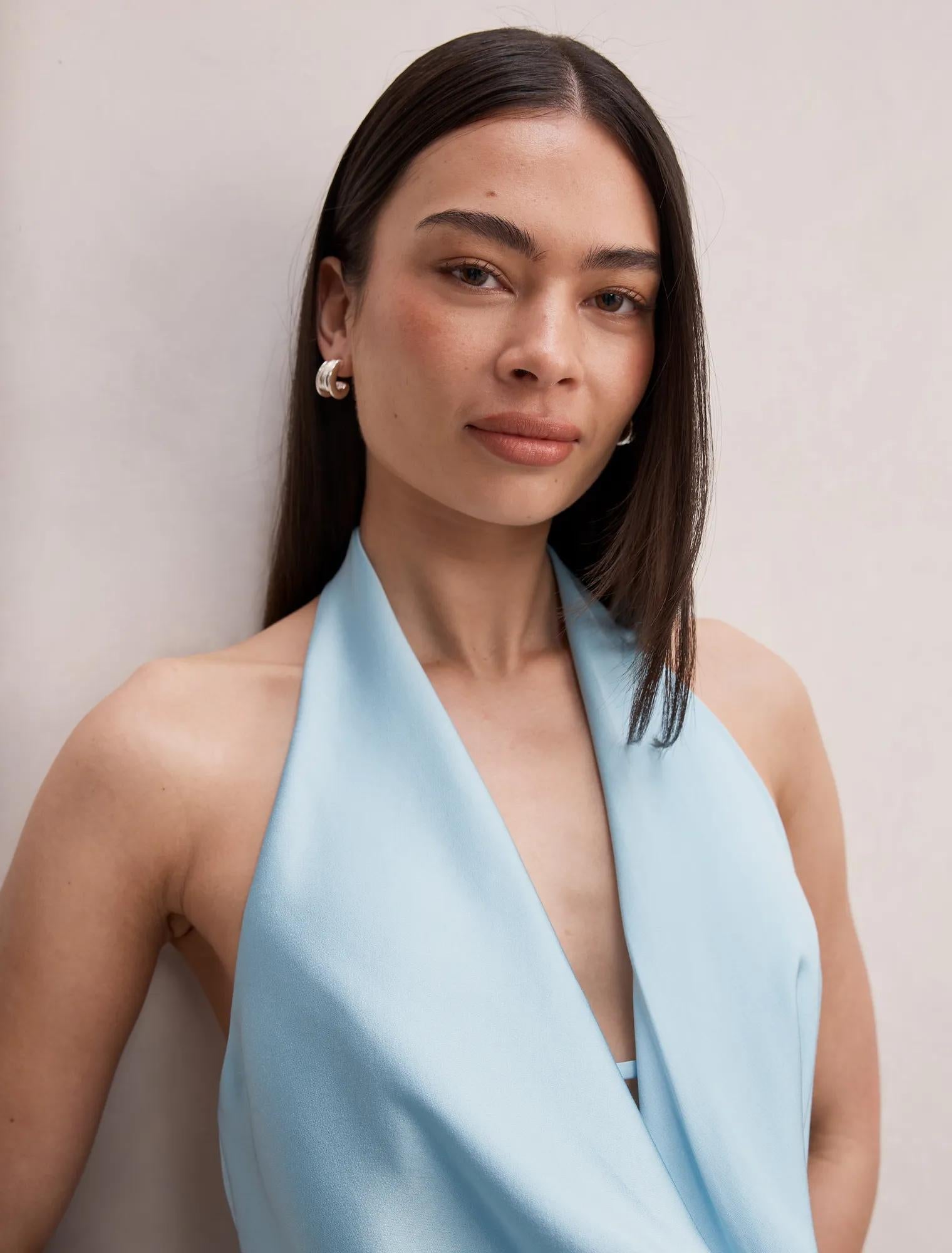 Becca Cowl Halter Satin Gown Seafoam Aqua