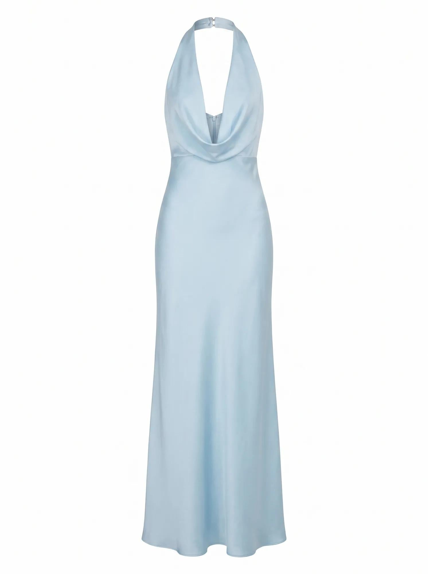 Becca Cowl Halter Satin Gown Seafoam Aqua