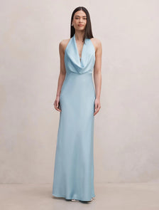 Becca Cowl Halter Satin Gown Seafoam Aqua