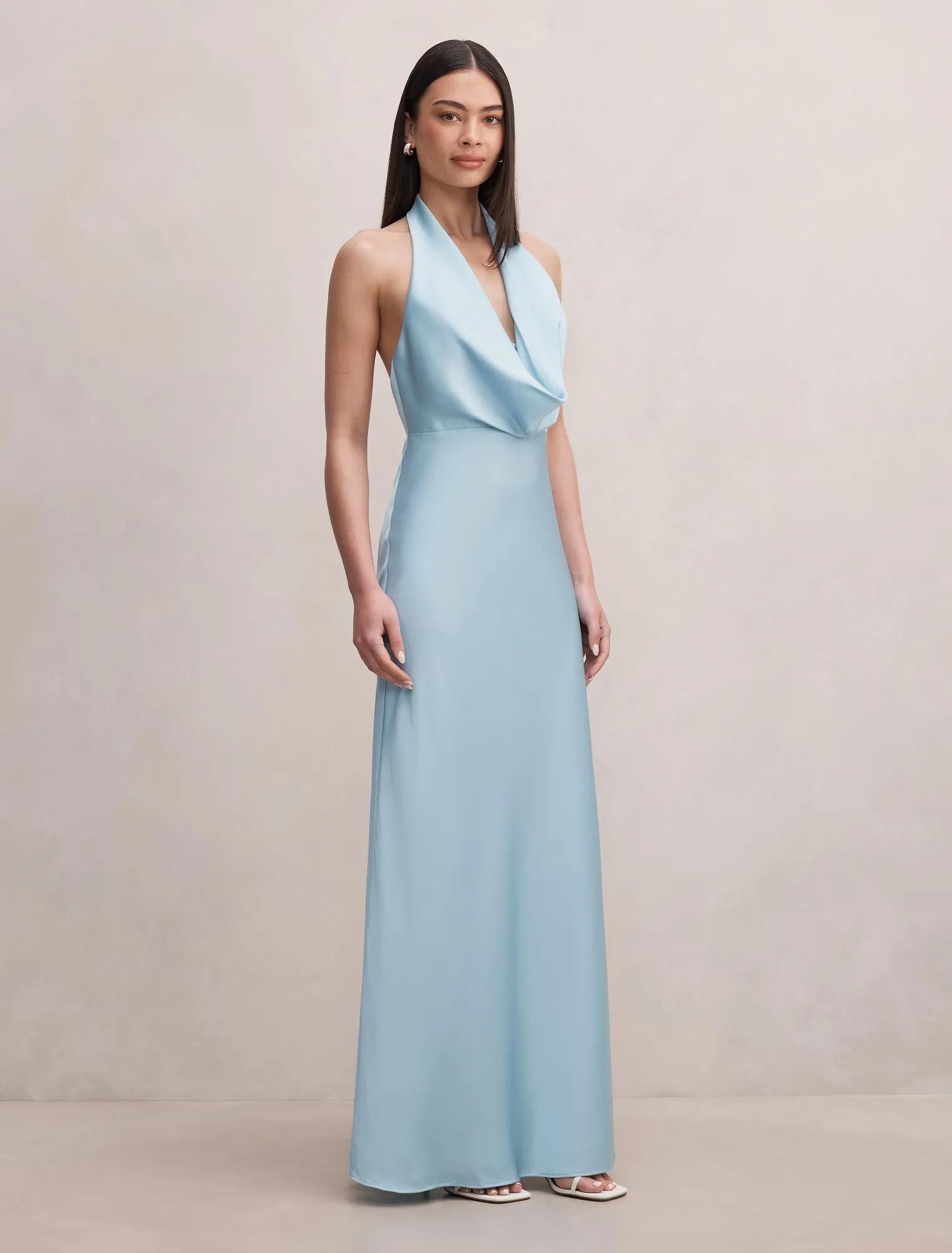 Becca Cowl Halter Satin Gown Seafoam Aqua