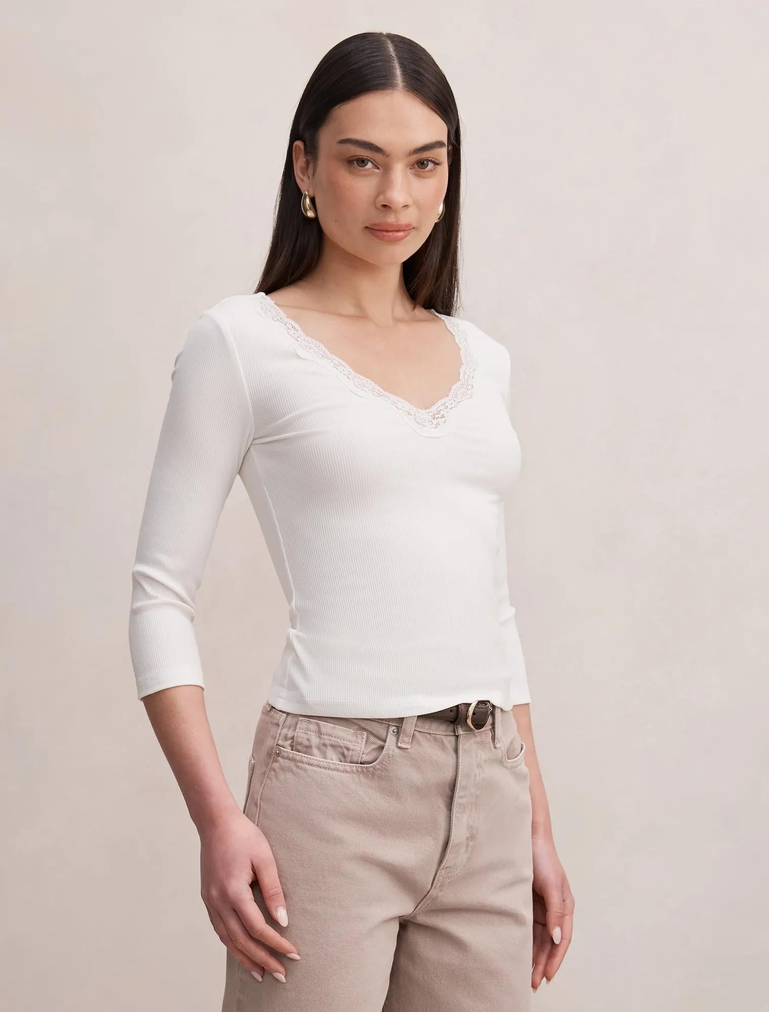 Selena Lace Trim 3/4 Sleeve Porcelain
