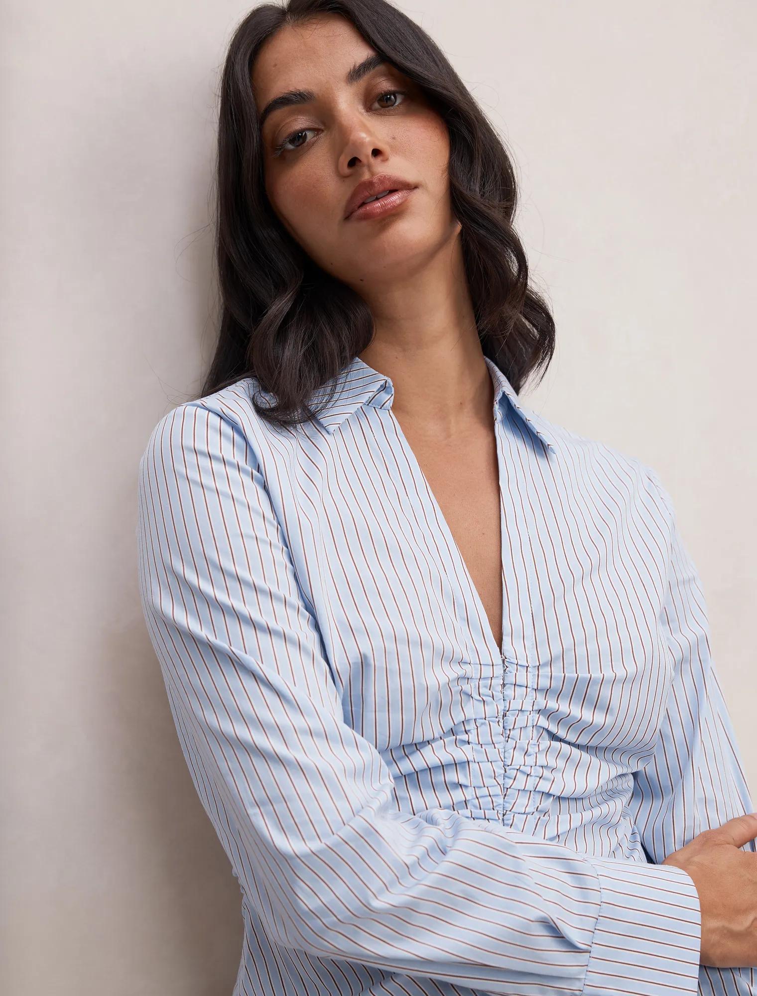 Ainsley Gathered Shirt Blue Choc Stripe