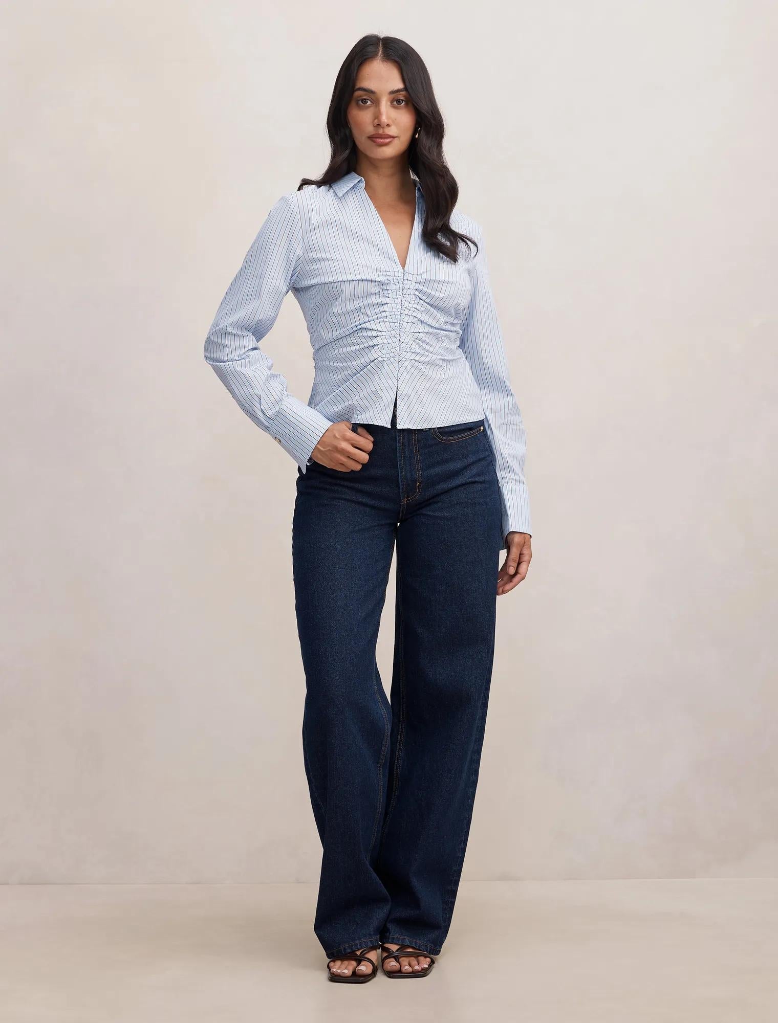 Ainsley Gathered Shirt Blue Choc Stripe