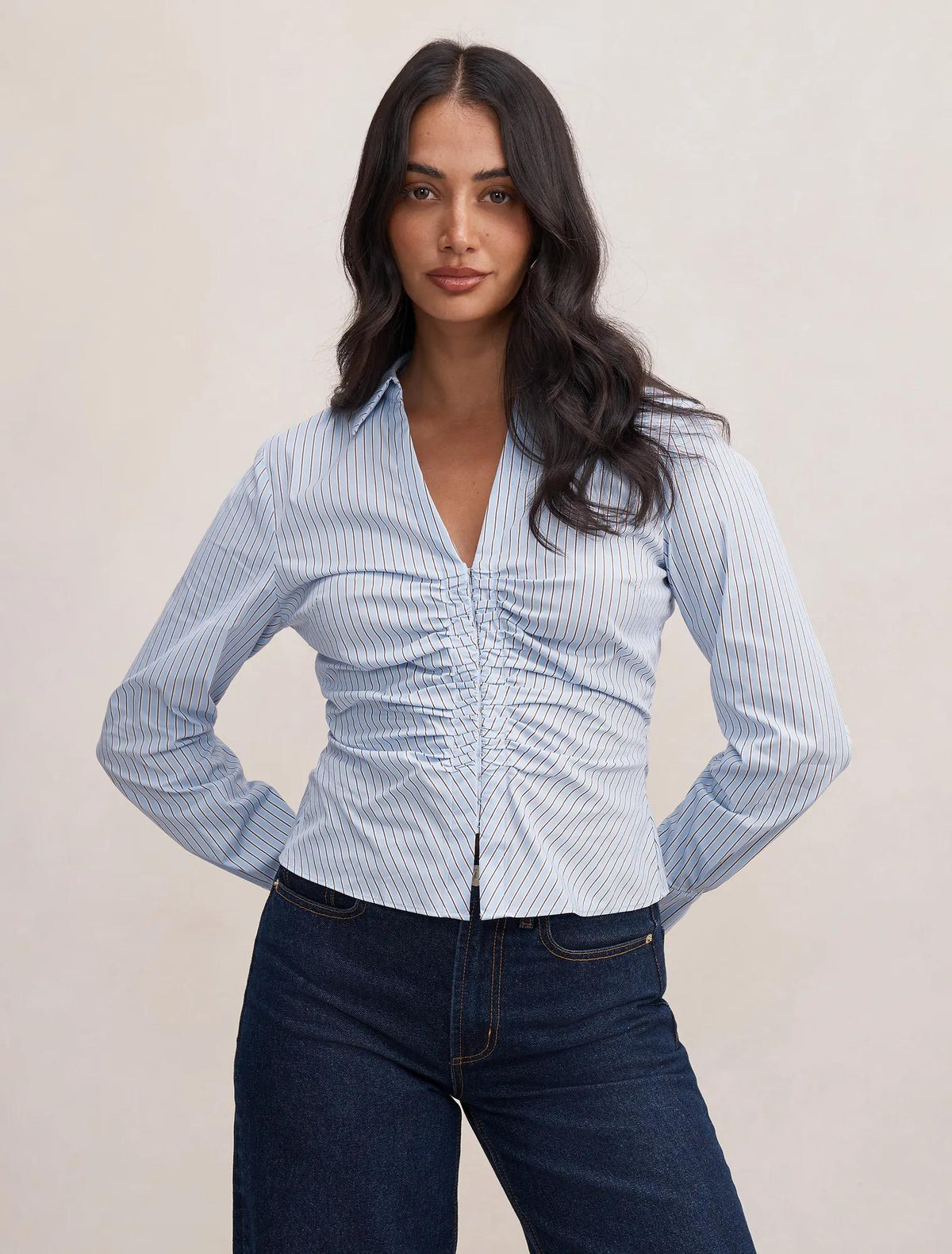 Ainsley Gathered Shirt Blue Choc Stripe
