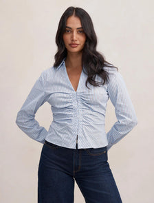 Ainsley Gathered Shirt Blue Choc Stripe