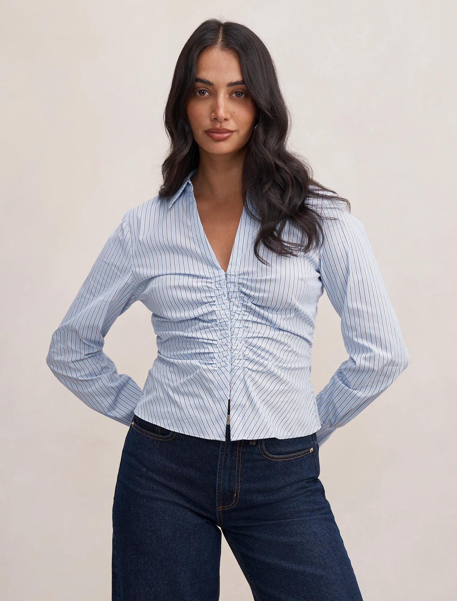 Ainsley Gathered Shirt Blue Choc Stripe