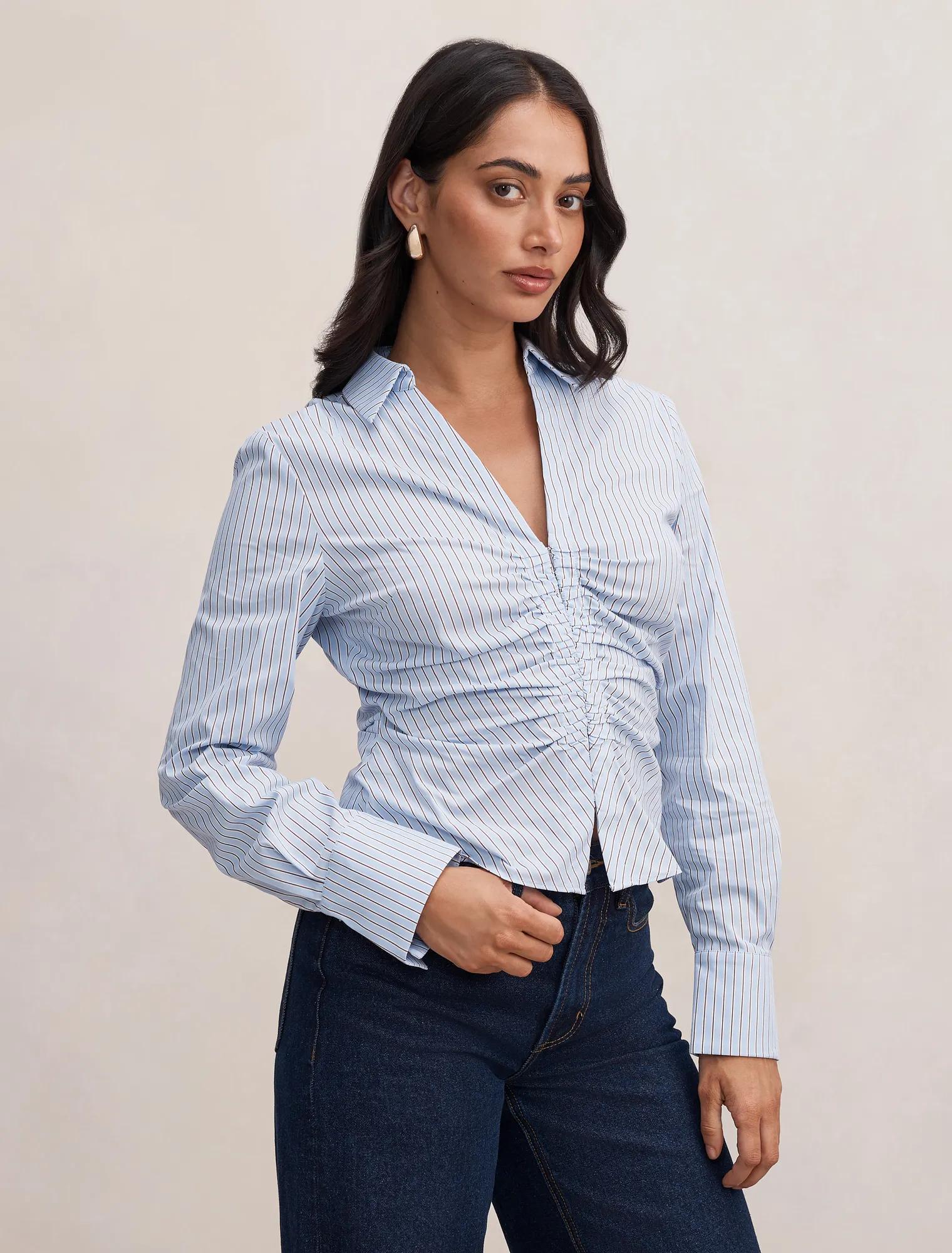 Ainsley Gathered Shirt Blue Choc Stripe