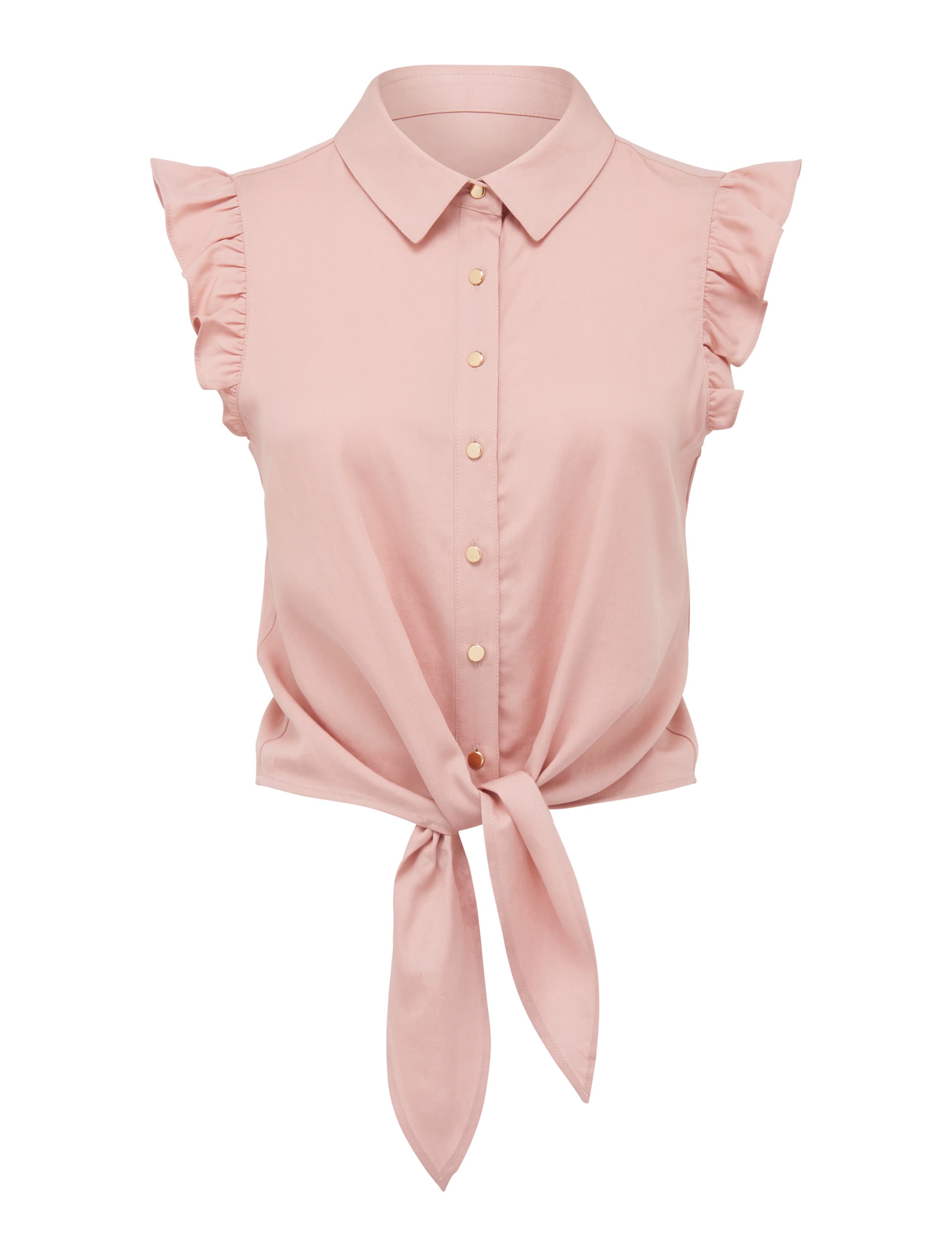 Zoe Frill Sleeve Tie Front Shirt PENSIVE PINK_mannequin