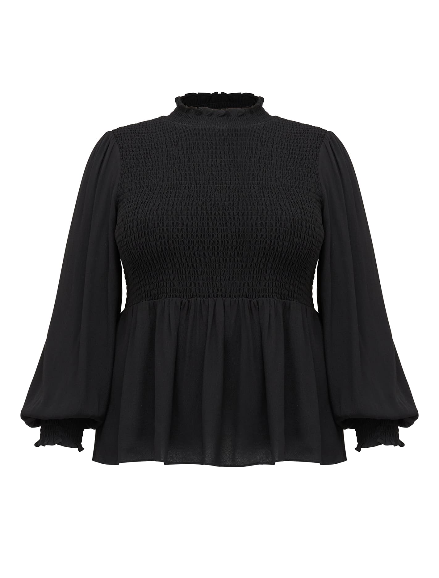 Lynn Curve High Neck Shirred Blouse Black_mannequin