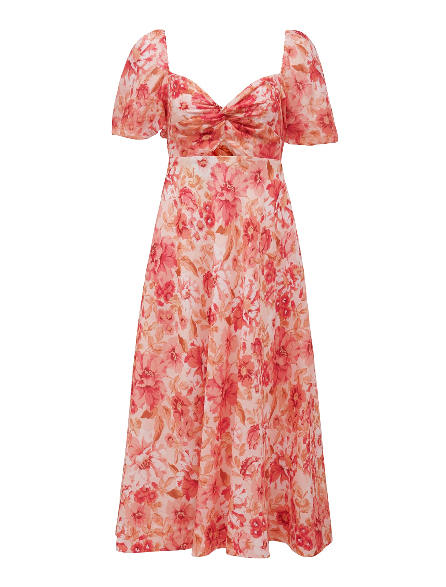 Quinni Twist Front Midi Dress Coral Elmhurst Floral_mannequin