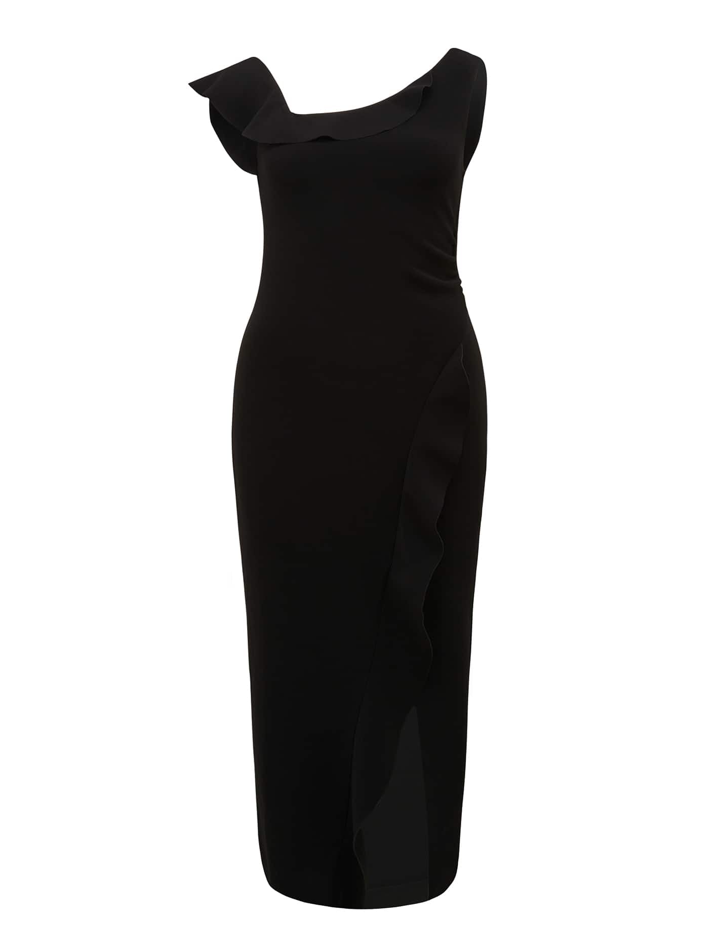 Tyra Petite One Shoulder Ruffle Bodycon Black_mannequin