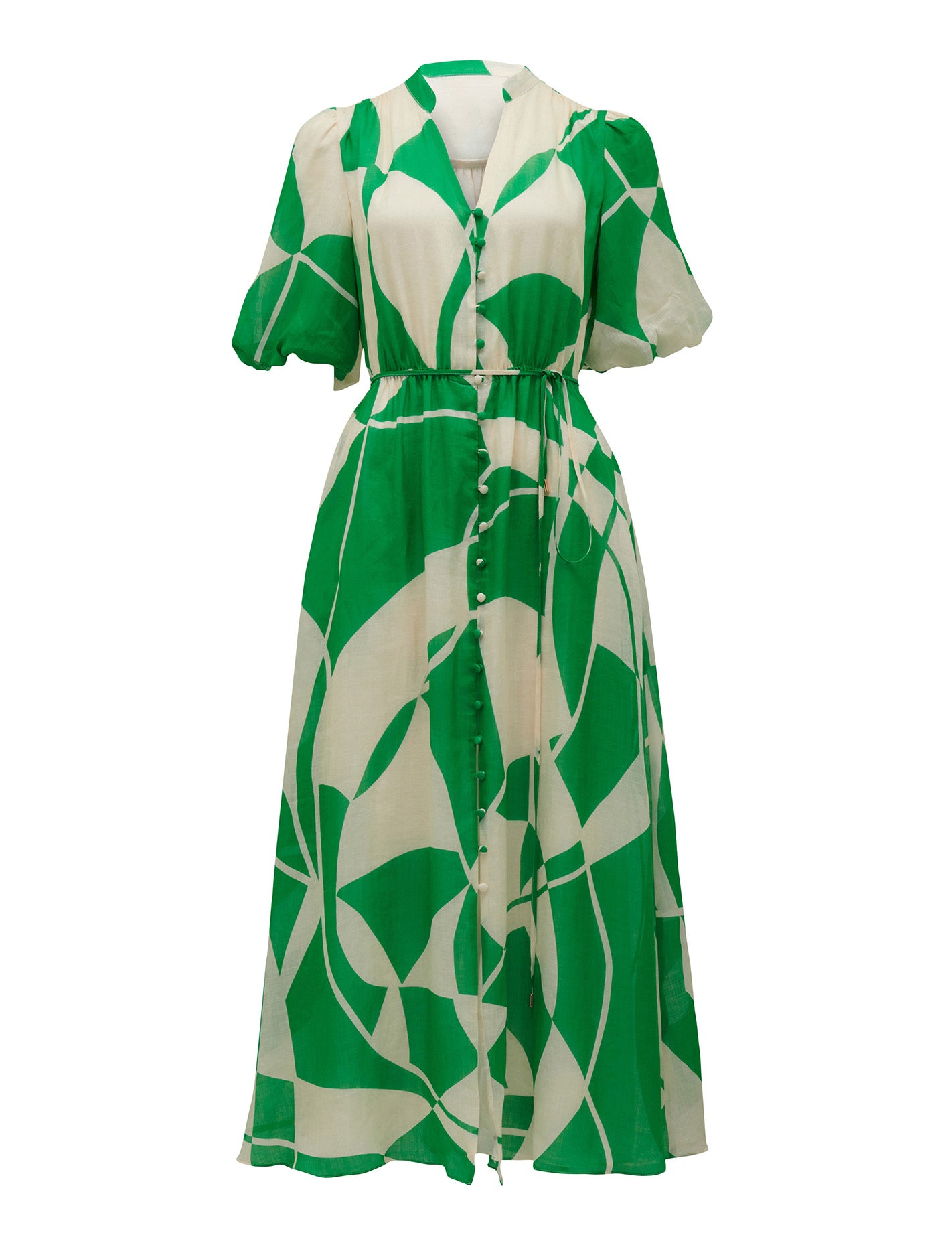 Loanne Puff Sleeve Midi Green Vere Abstract_mannequin