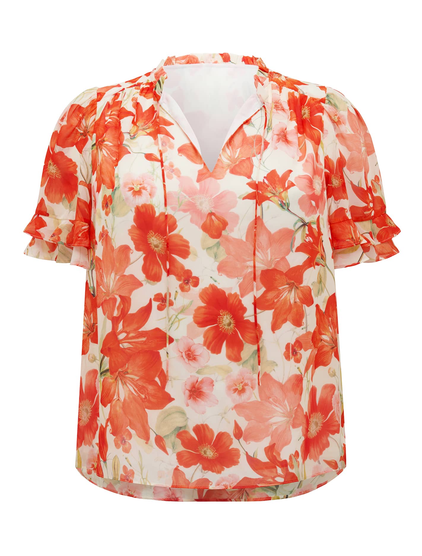 Zarina Curve Trim Spliced Blouse Red Calida Botanical_mannequin