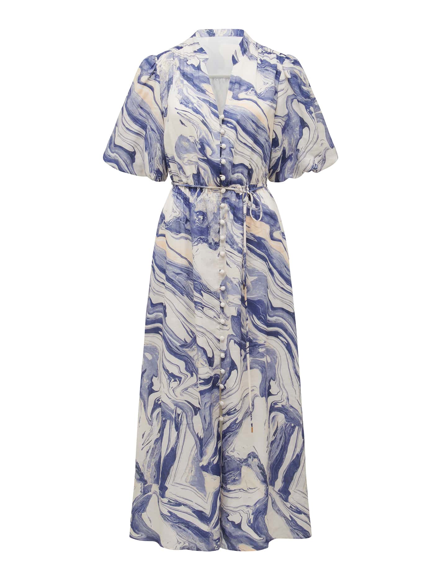 Loren Puff Sleeve Midi Blue Sahara Marble_mannequin