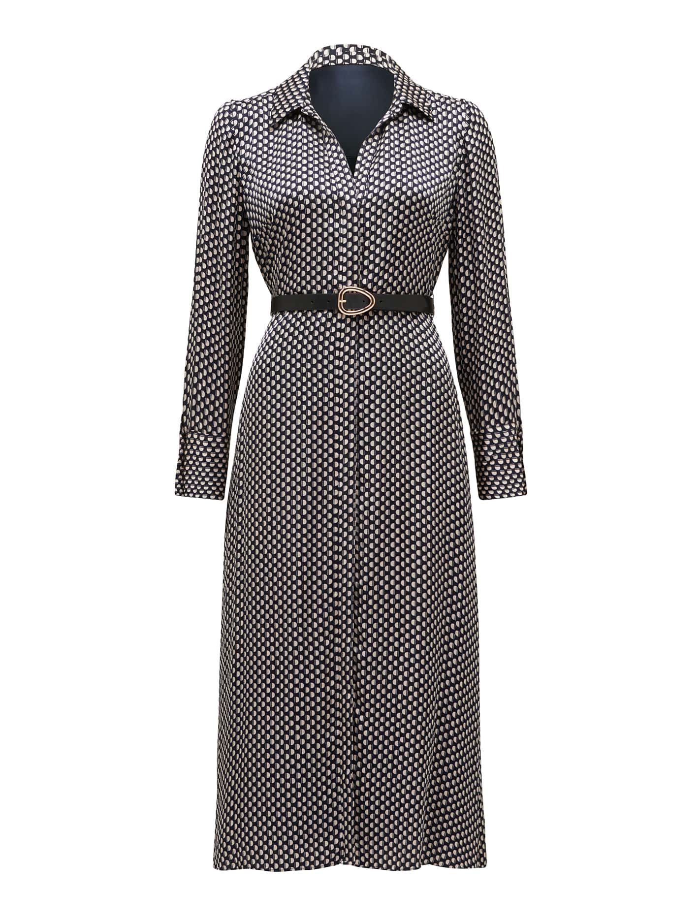 Janine Petite Satin Midi Shirt Dress Navy Kitson Geo_mannequin