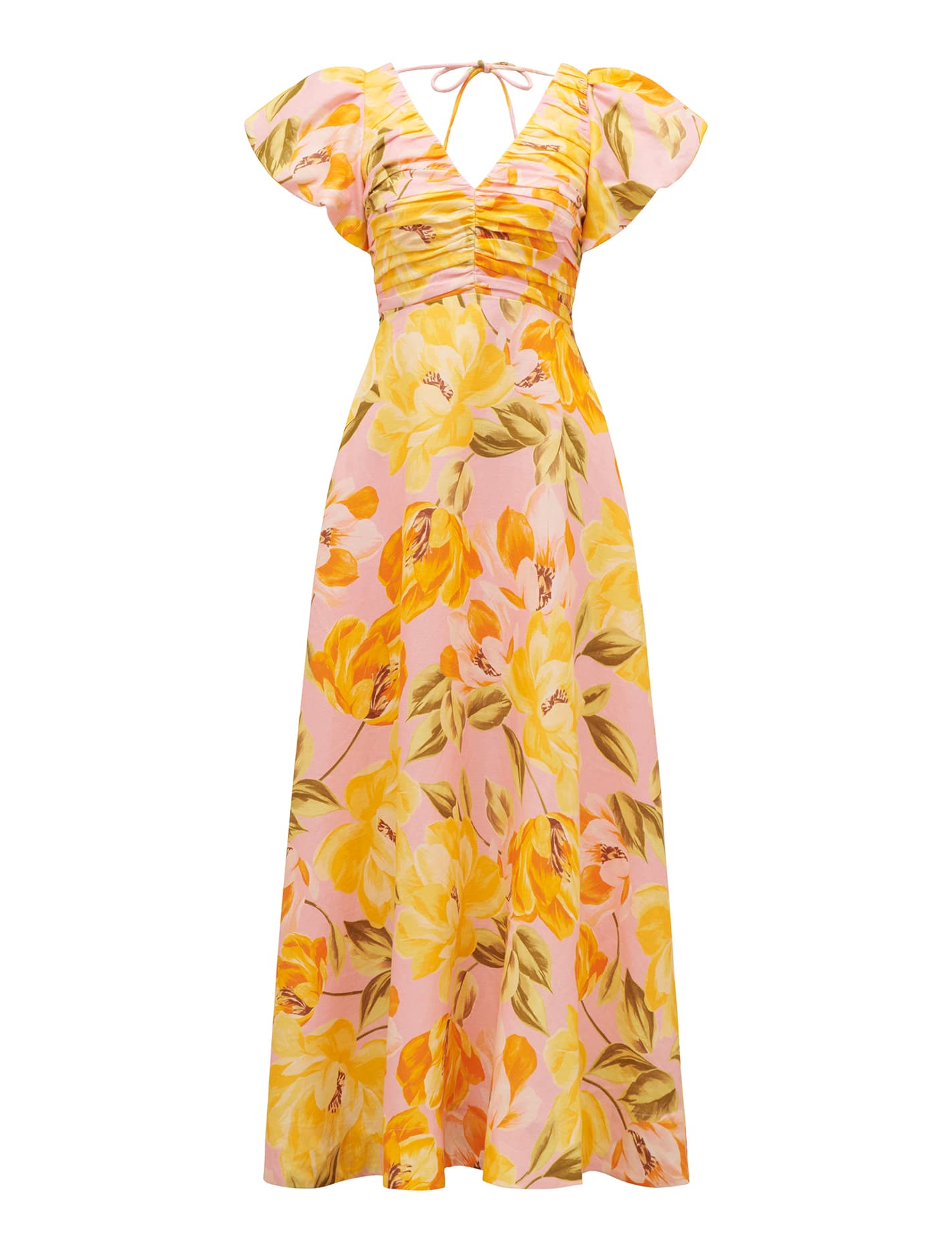 June Ruched Linen Midi Pink Wright Floral_mannequin