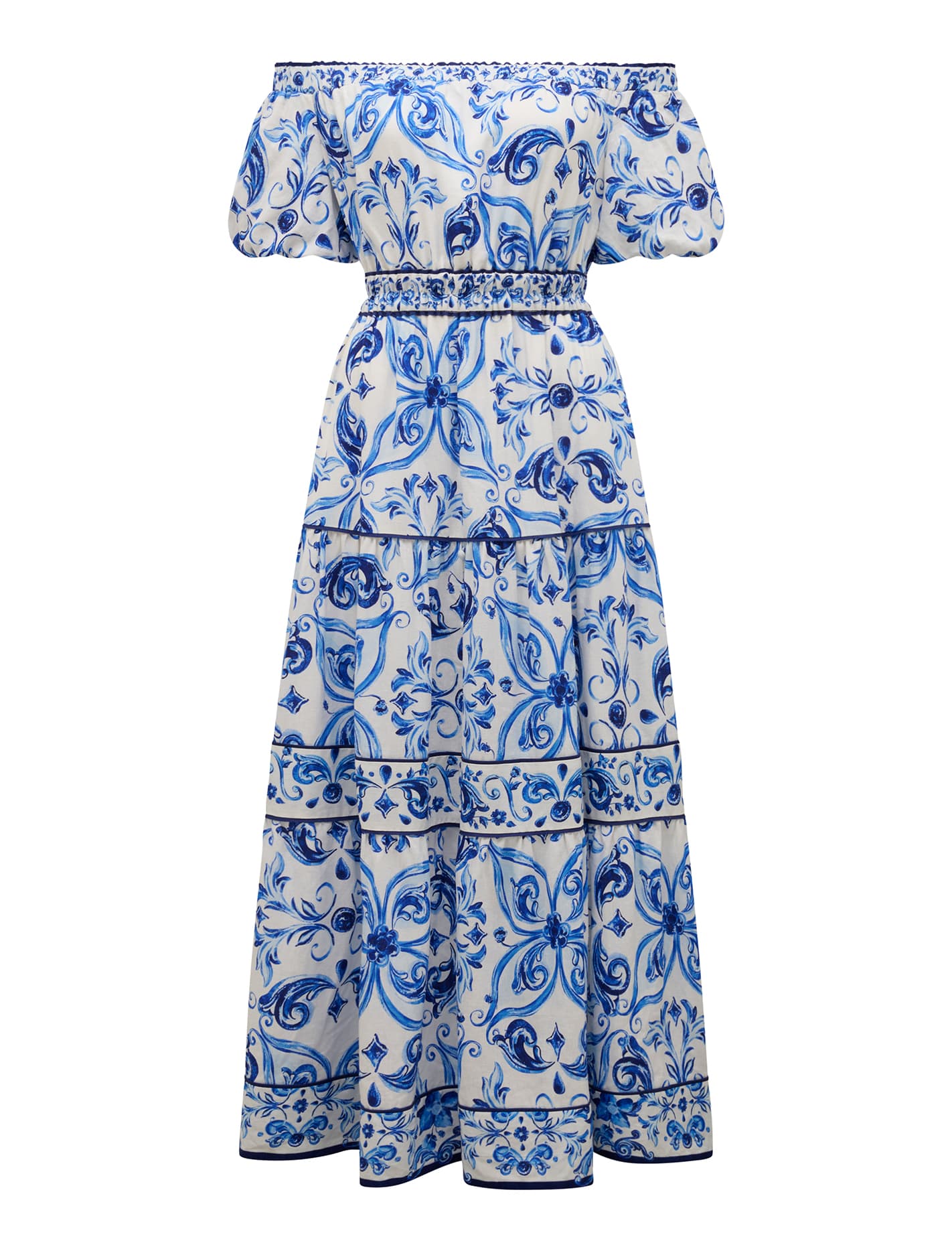 Ravenna Off-Shoulder Tiered Midi Dress Sardinia Tile_mannequin