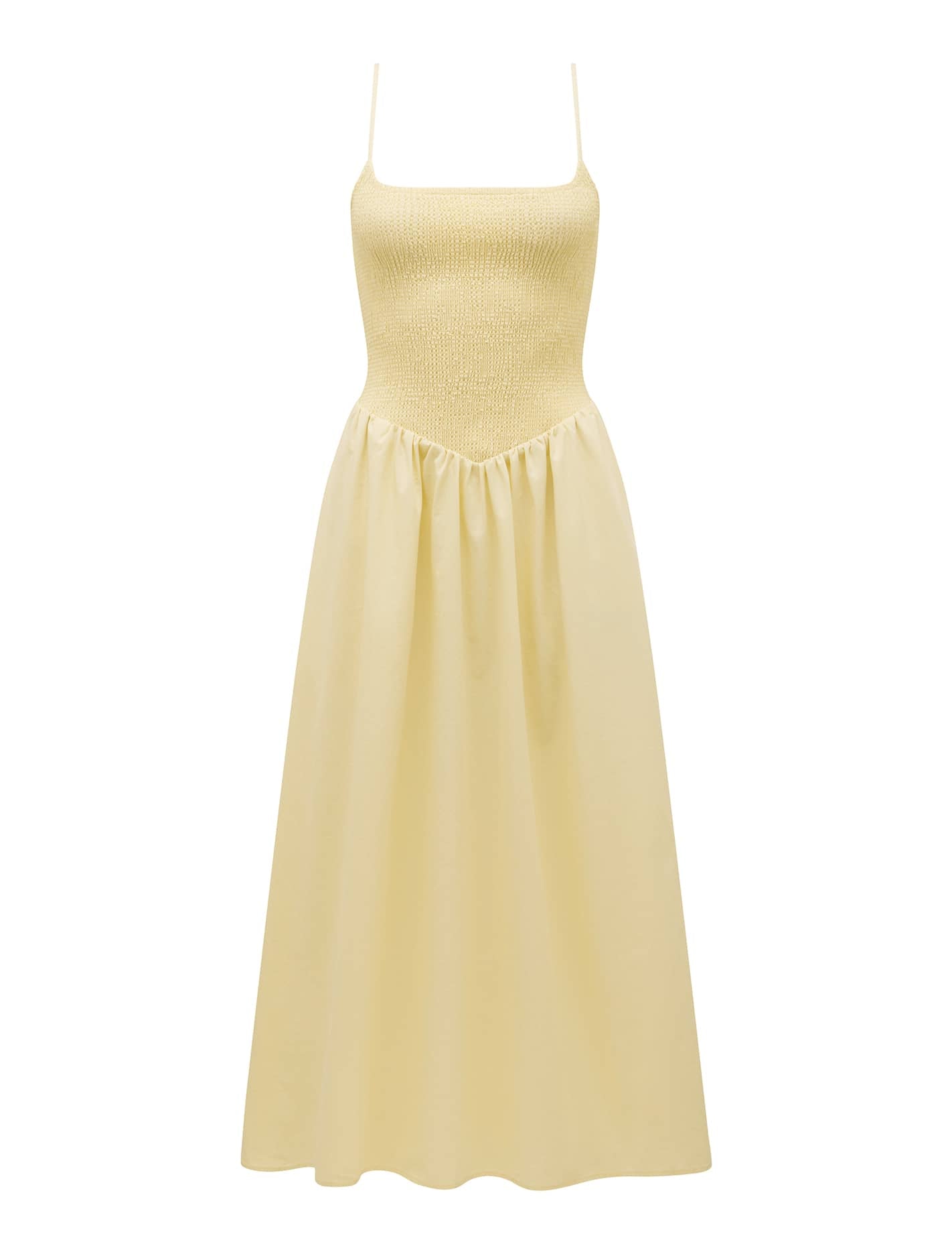 Dylan Petite Shirred Cotton Midi Dress Pastel Yellow_mannequin