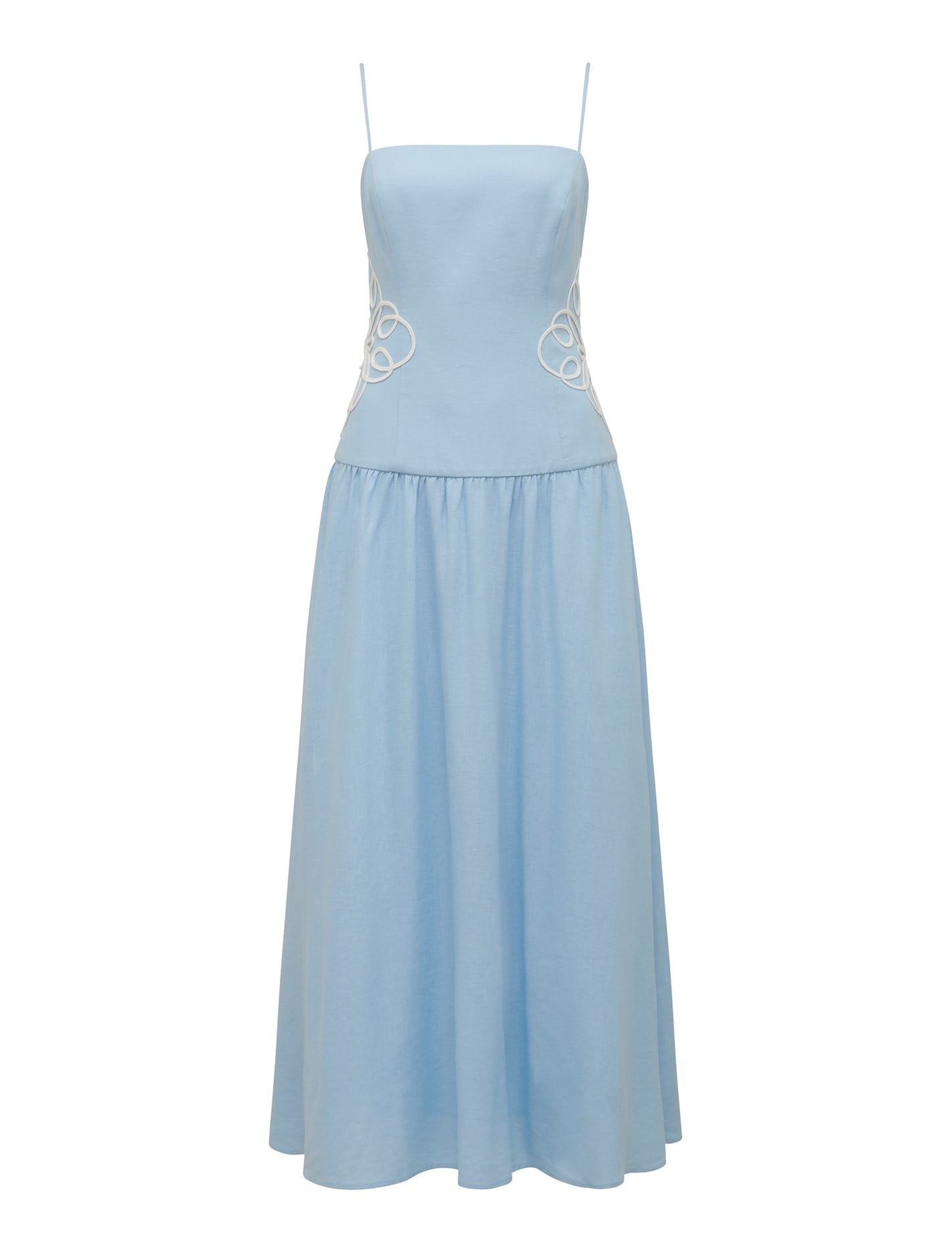 Arabelle Petite Appliqué Linen Midi Dress Soft Blue_mannequin