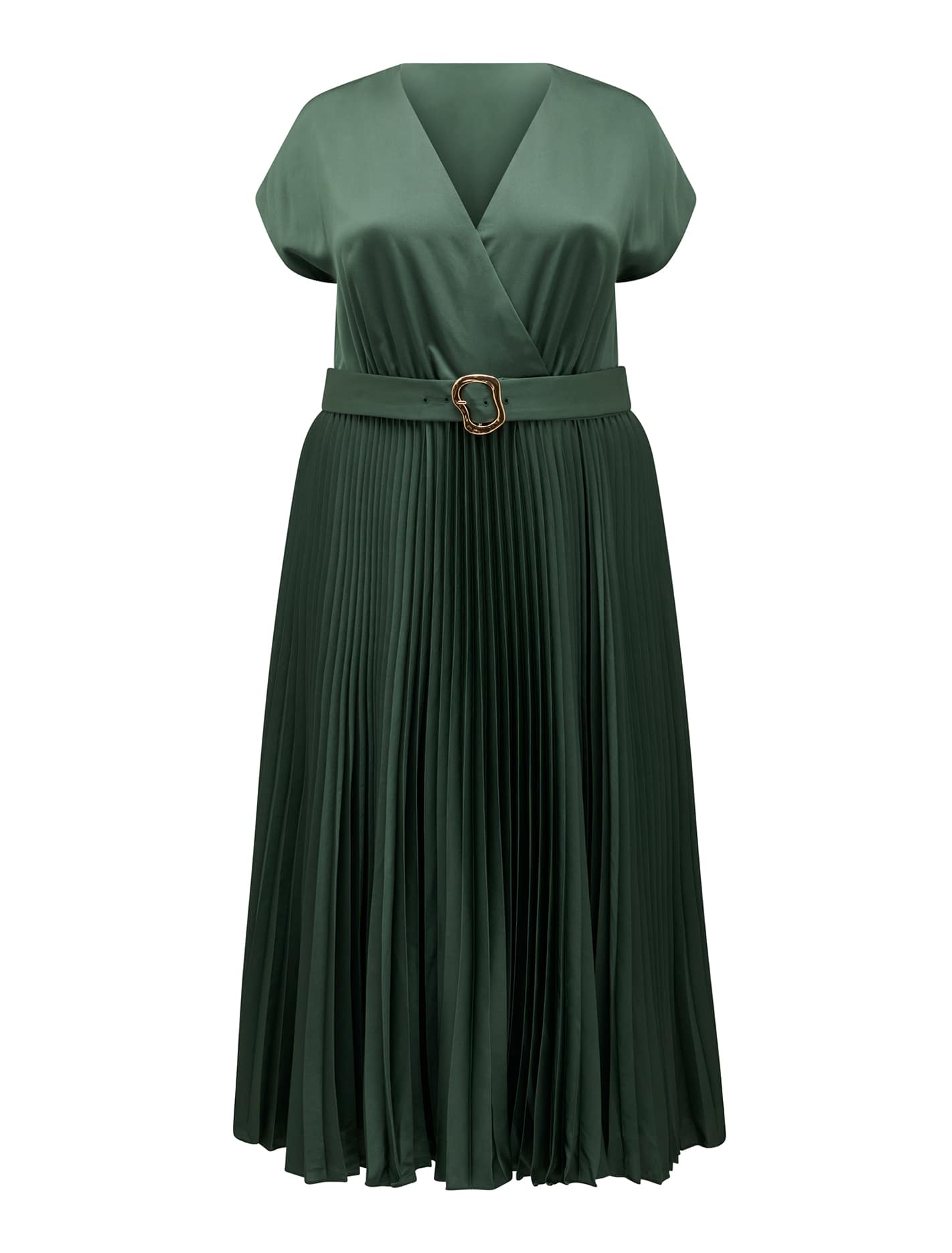 Catherine Curve Satin Pleated Midi Dark Forest_mannequin