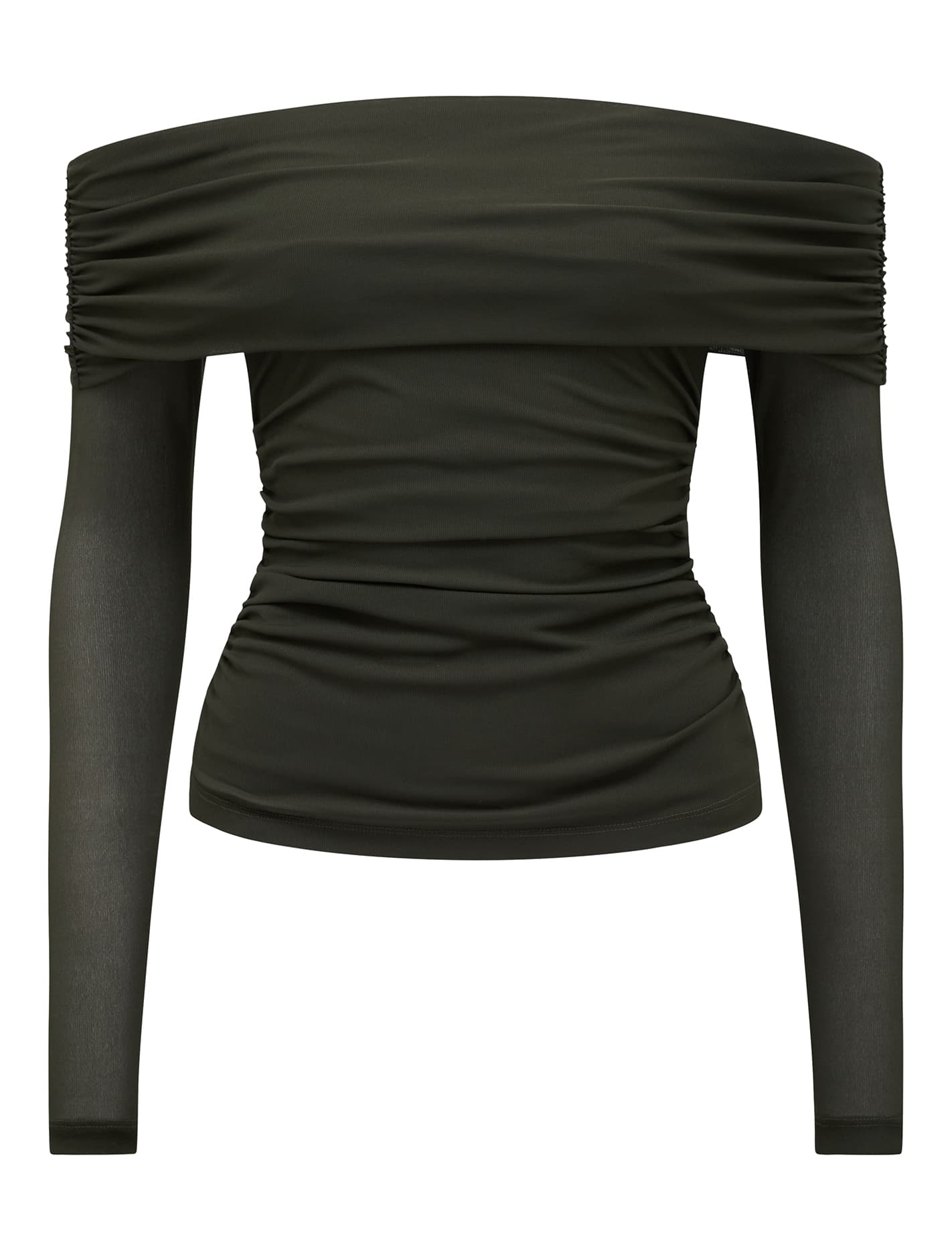 Kaia Ruched Mesh Bardot Top Dark Green_mannequin