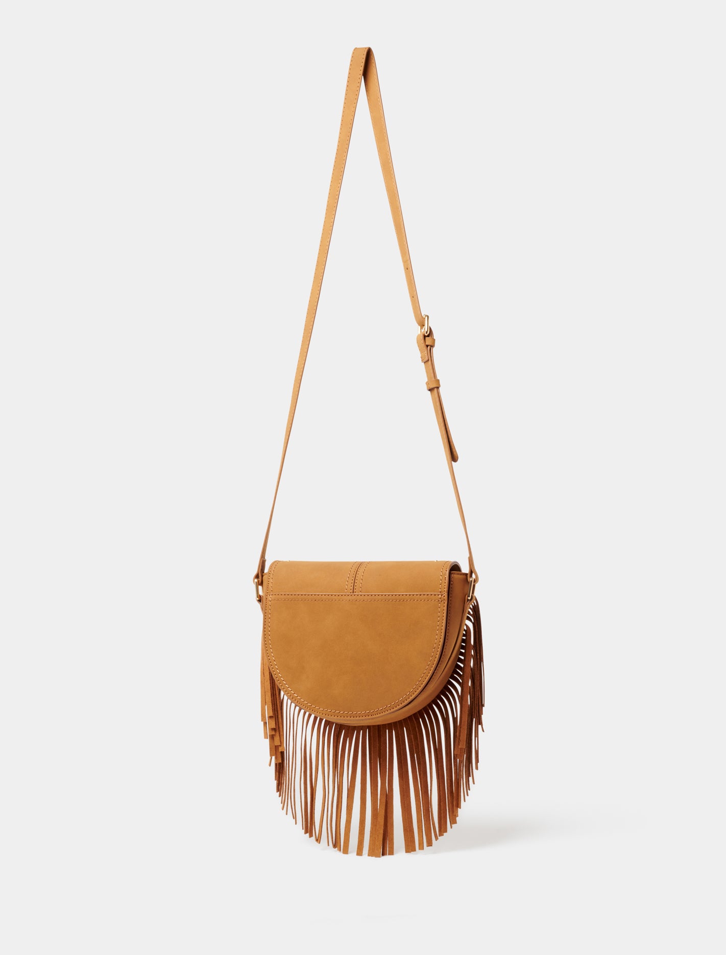 Farrah Fringe Saddle Bag Tan_mannequin