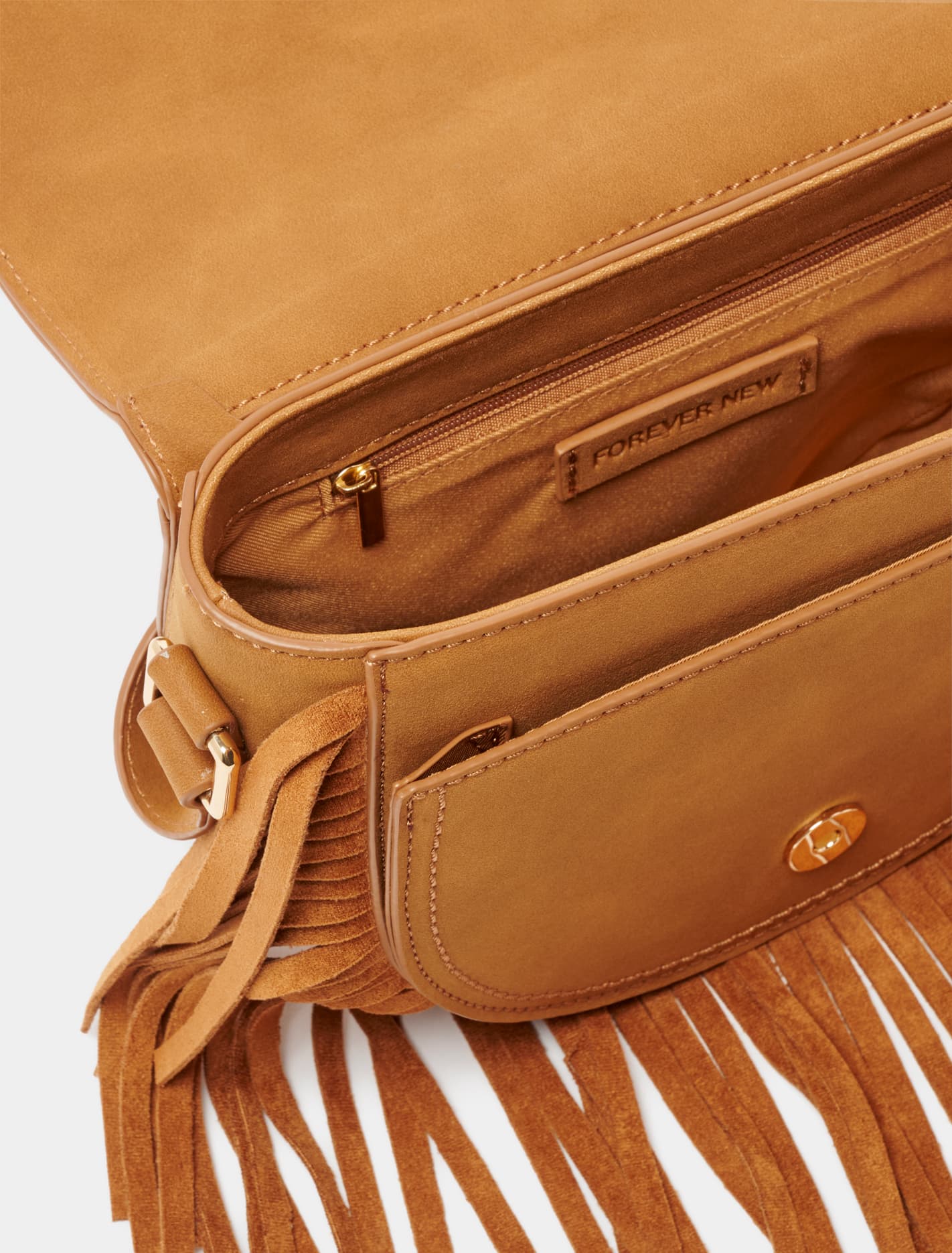 Farrah Fringe Saddle Bag Tan_mannequin
