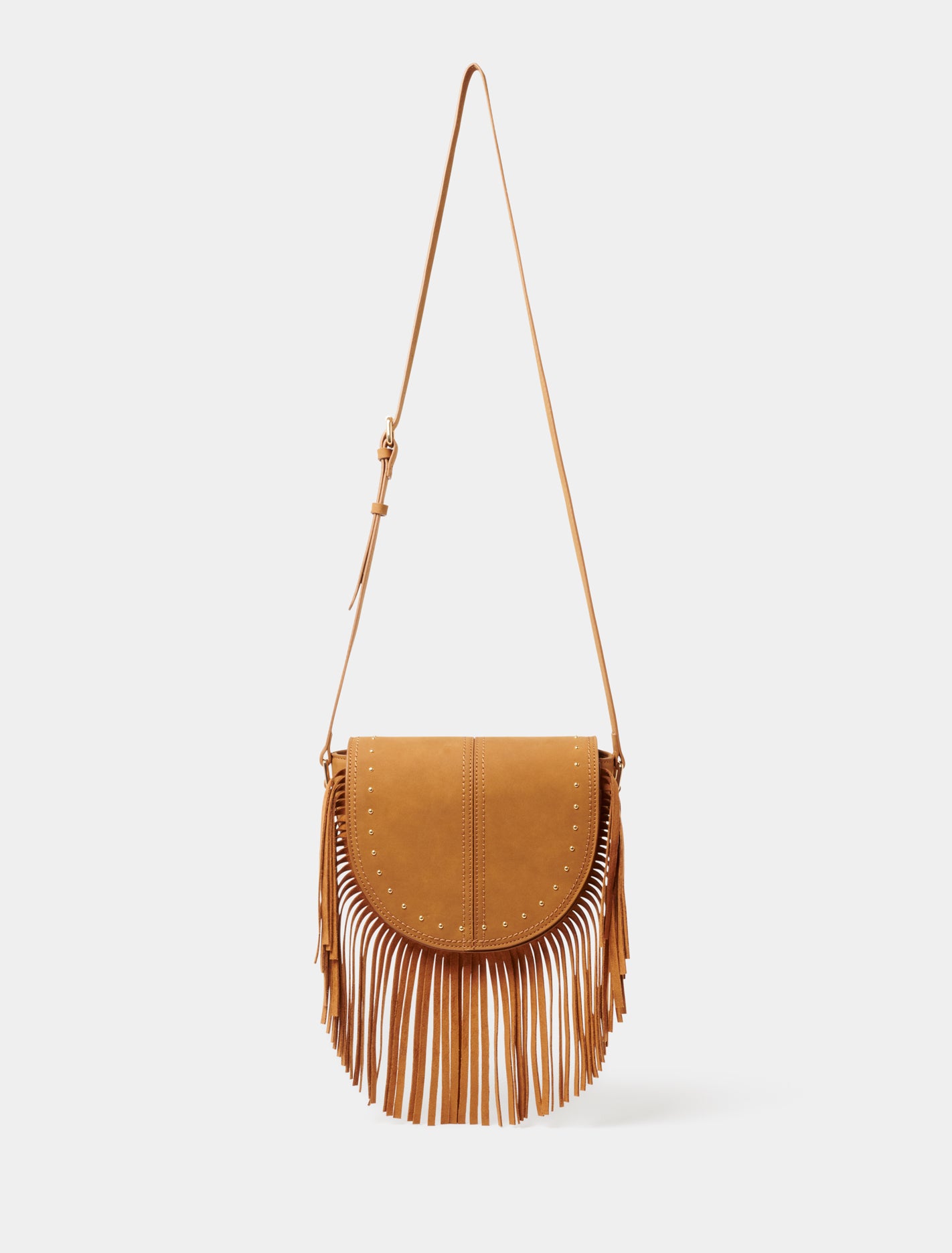 Farrah Fringe Saddle Bag Tan_mannequin