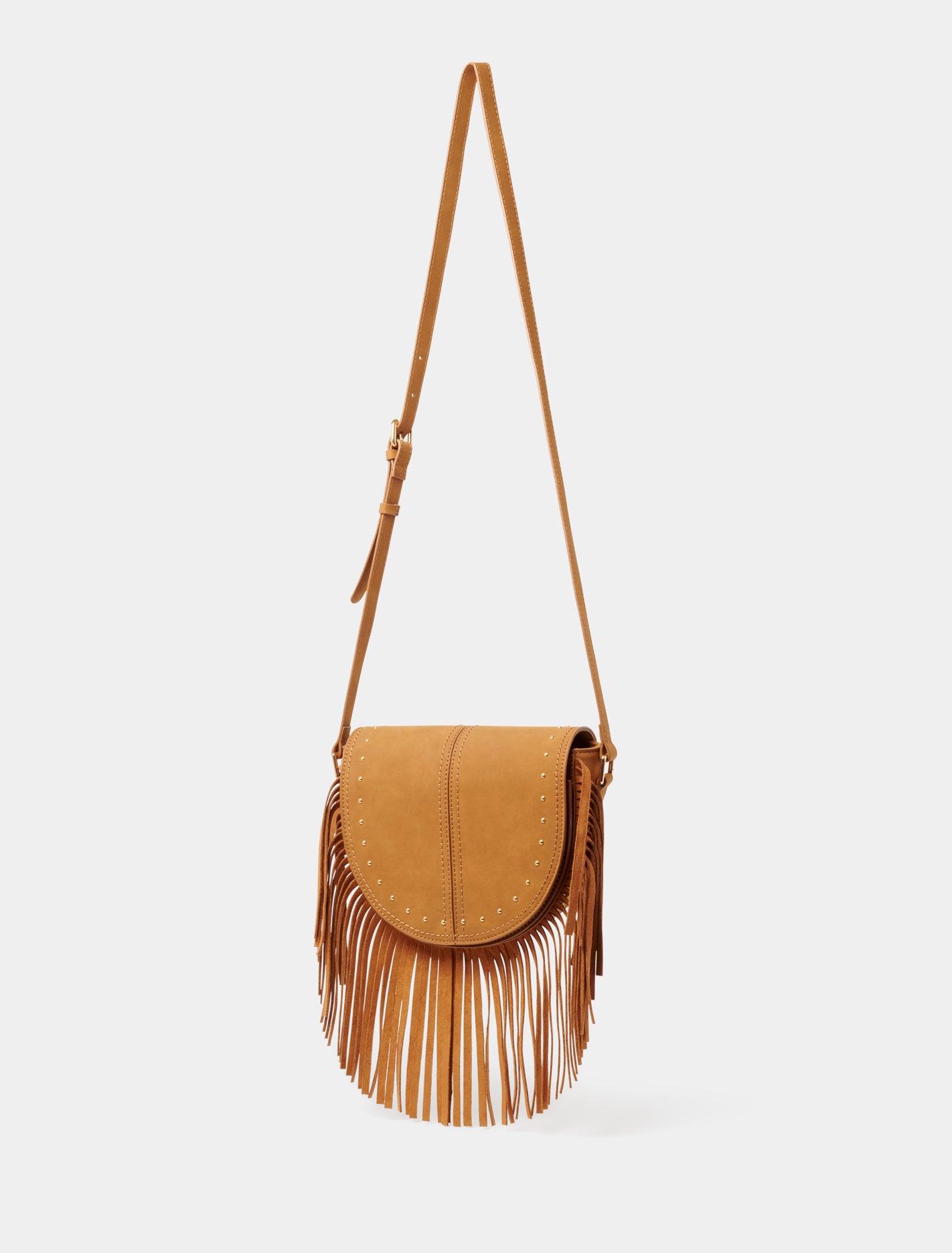 Farrah Fringe Saddle Bag Tan_mannequin