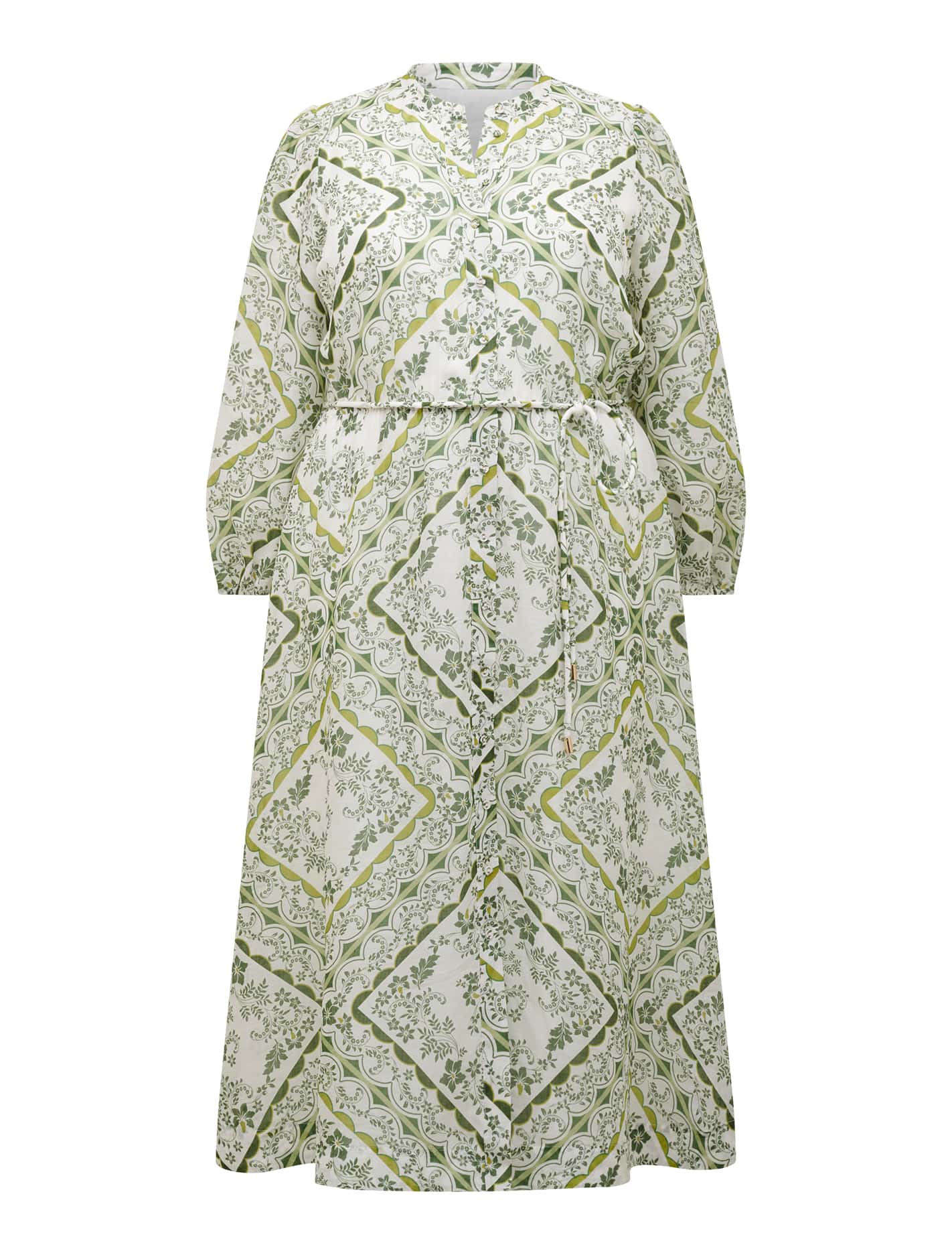 Penelope Curve Printed Midi Dress Green Penola Tile_mannequin