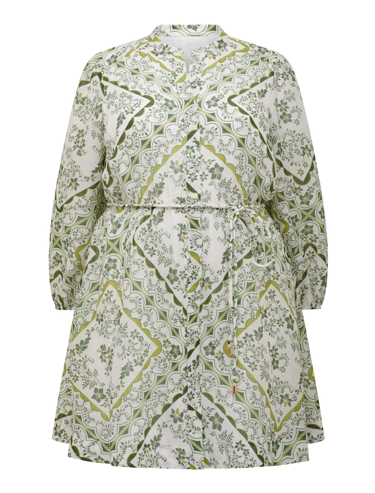 Arden Curve Long Sleeve Mini Dress Green Penola Tile_mannequin