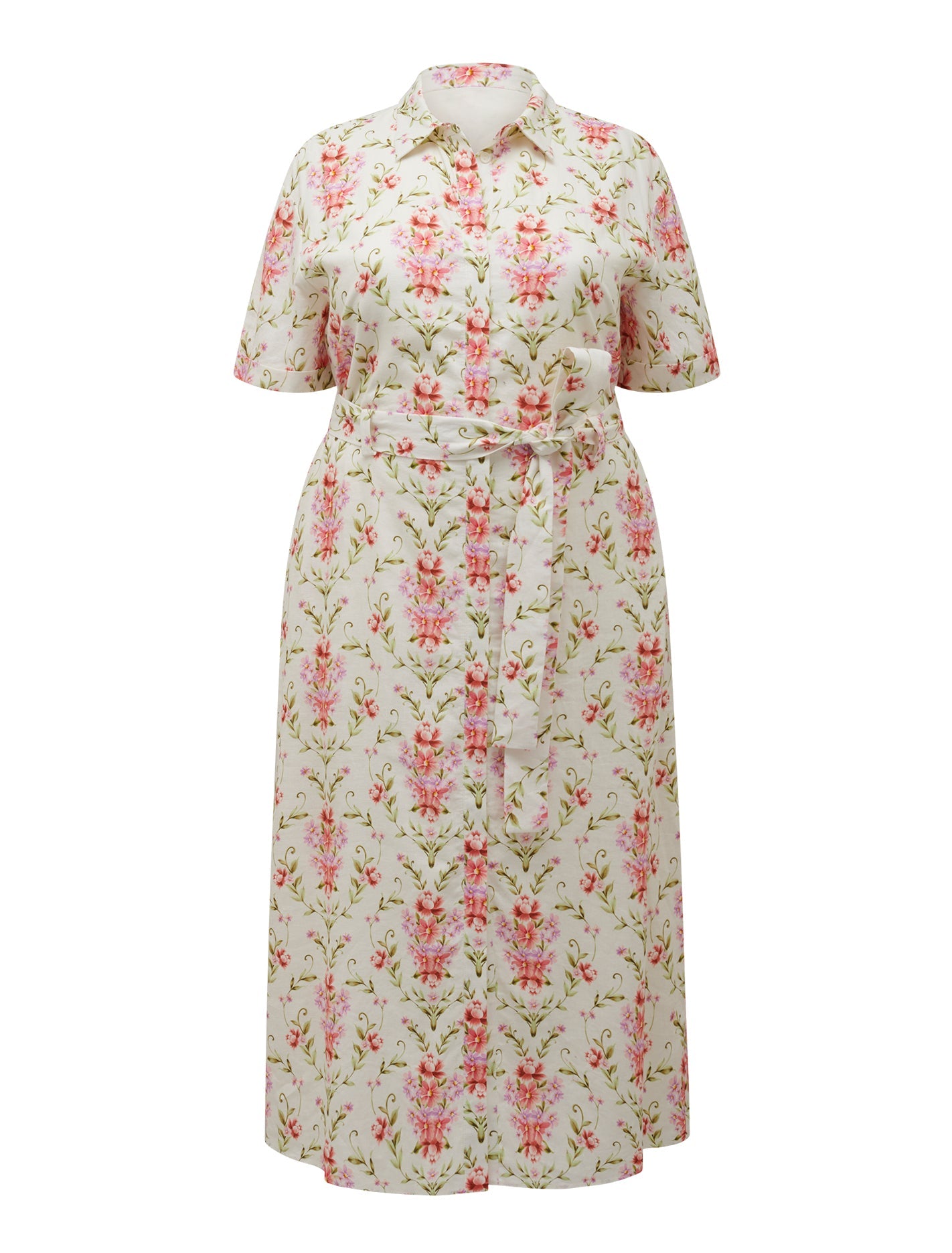 Willow Curve Short Sleeve Linen Midi Dress Pink Harmony Floral_mannequin