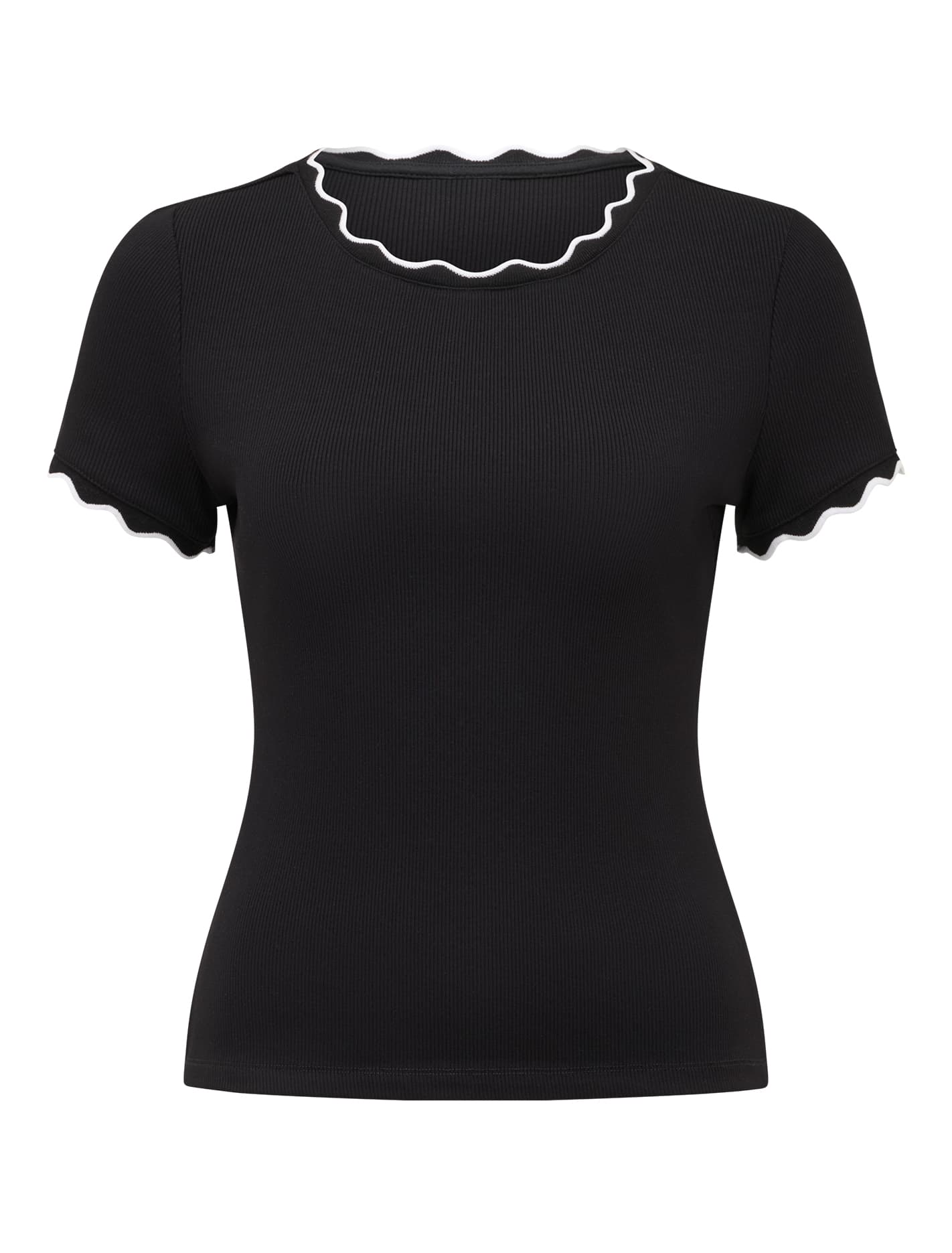 Rebecca Scallop Trim Top Black & Porcelain_mannequin