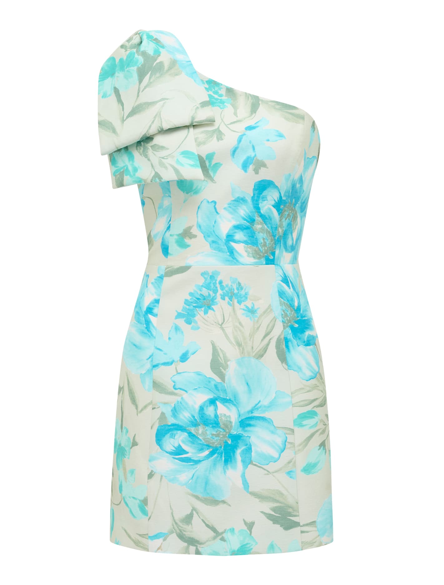 Darcy One Shoulder Bow Mini Dress Mint Lyell Floral_mannequin