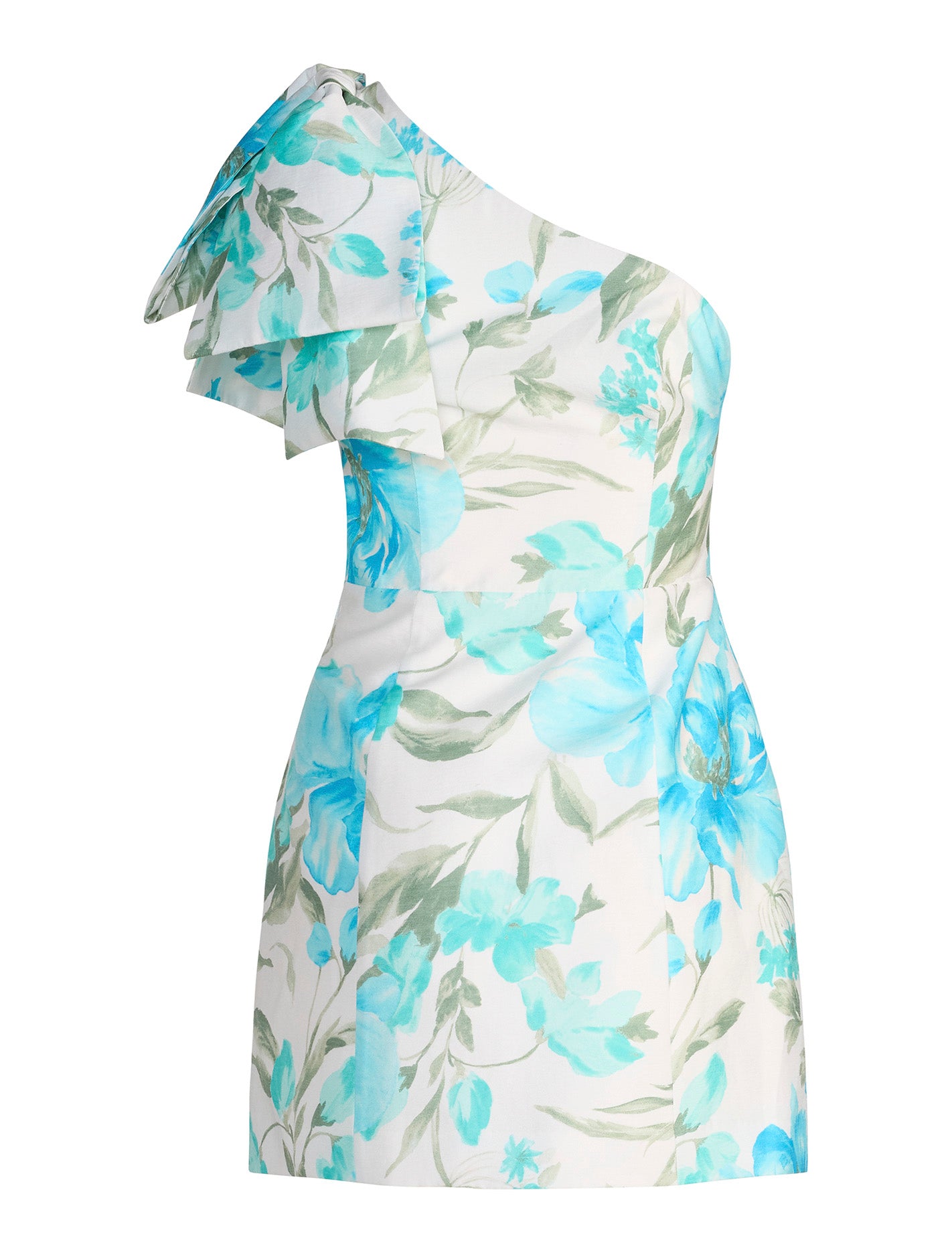Darcy One Shoulder Bow Mini Blue Lyell Floral_mannequin
